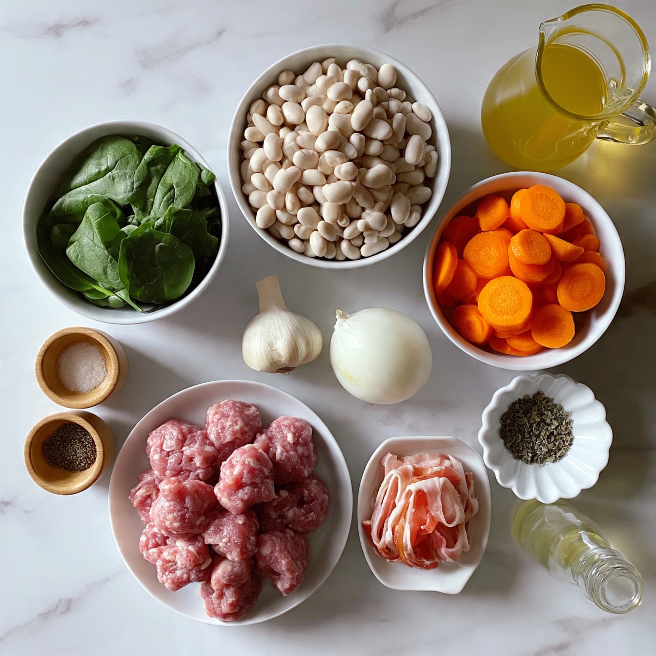 square image This image shows a neat arrangement of cooking ingredients on a white marbled surface. There are nine white bowls and dishes placed around; one round bowl holds fresh green spinach leaves, another larger bowl is filled with white beans, a bowl contains sliced orange carrots, and one plate has raw ground meat arranged in soft, rounded clumps. Another small dish has thin strips of raw bacon. Also visible are two small wooden bowls with salt and pepper, a whole garlic bulb, a raw white onion, a white scalloped dish with dried herbs, a glass pitcher of yellow broth, and a small transparent bottle of olive oil. A woman’s hand is not visible in this image. The scene is well-lit, showing the fresh texture and color of each ingredient, photo taken with an iphone --ar 4:5 --v 7