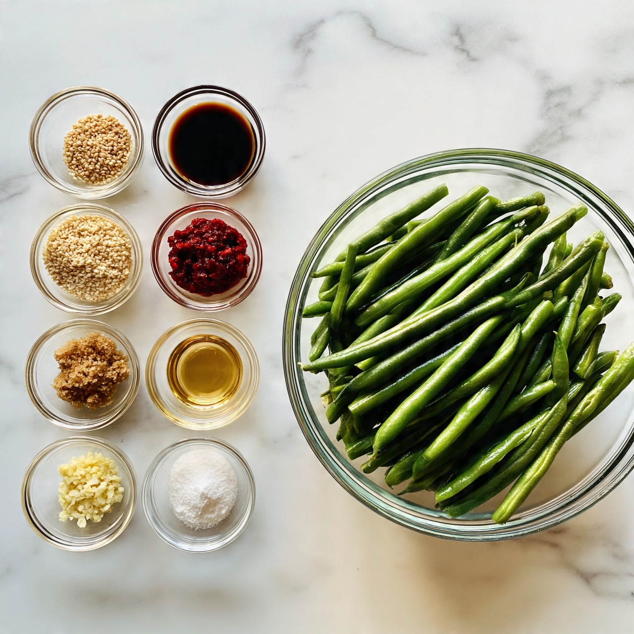 square image A large clear bowl filled with long, fresh green beans takes up the right side of the image. On the left side, eight small clear glass bowls hold different ingredients arranged neatly in two columns: sesame seeds in the top left, finely chopped garlic in the middle left, minced ginger in the bottom left; and on the right column, dark soy sauce at the top, red chili paste below it, brown sugar in the middle right, a light golden liquid underneath the chili paste, and white powder at the bottom right. All items are placed on a white marbled surface. photo taken with an iphone --ar 4:5 --v 7