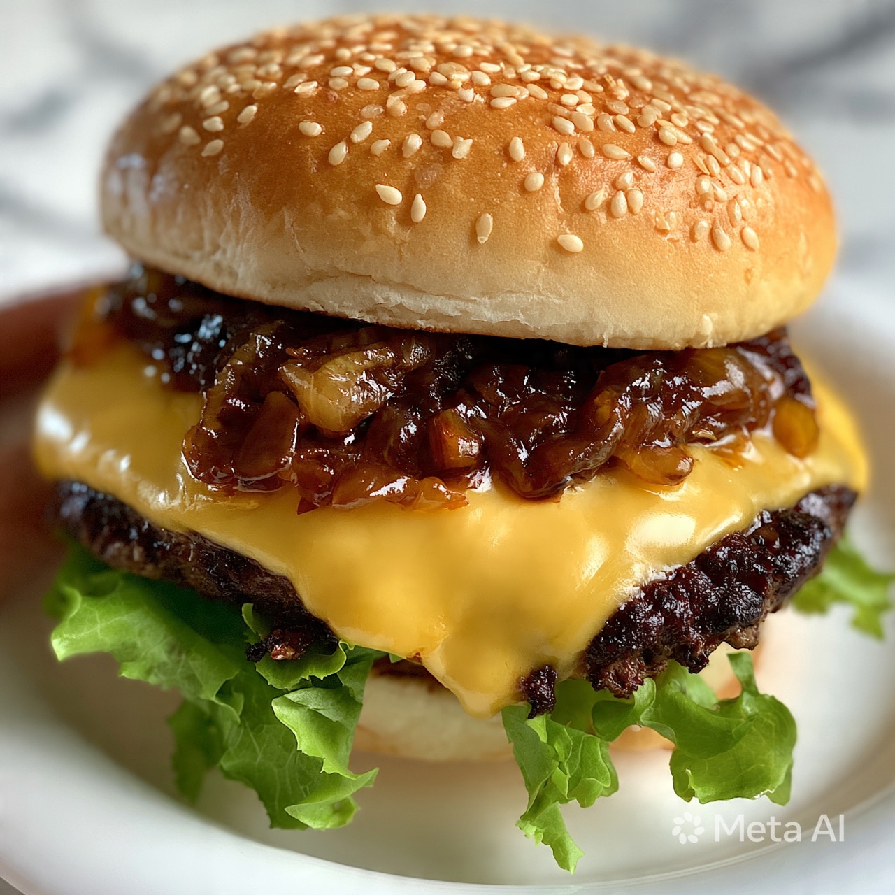 square image The image shows a close-up view of a burger on a white plate with a white marbled surface background. The burger has a sesame seed bun on top with golden-brown color and soft texture. Below the bun, there is a layer of caramelized onions that look glossy and dark brown. Underneath the onions is a layer of melted yellow cheese with smooth texture, partially draped over a dark, juicy beef patty. At the bottom, fresh green lettuce leaves add a crisp texture and bright color. A woman's hand is holding the burger slightly from the side. The photo taken with an iphone --ar 4:5 --v 7