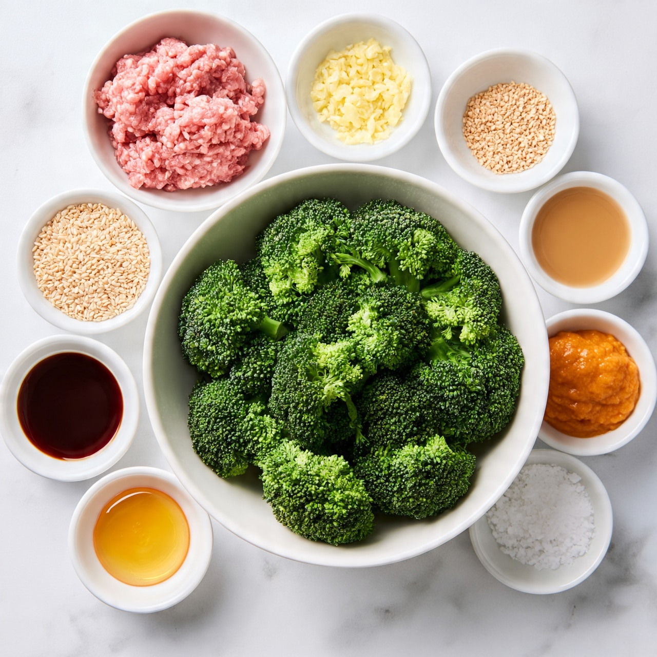 square image This image shows a white marbled surface with several small white bowls arranged around a bigger white bowl filled with bright green broccoli florets. One small bowl contains raw ground meat with a pinkish color, and another holds pale yellow minced garlic. There is a bowl filled with light tan sesame seeds, and another with beige rice grains. A bowl with a dark brown liquid, likely soy sauce, is present, along with a small bowl of honey or light syrup with a golden color. There is also a tiny bowl containing coarse white salt and a small bowl with a thick orange-colored liquid, possibly sauce or paste. A woman's hand is not visible but implied to be near the arrangement. The photo is bright and clear showing all ingredients clearly on the white marbled surface photo taken with an iphone --ar 4:5 --v 7