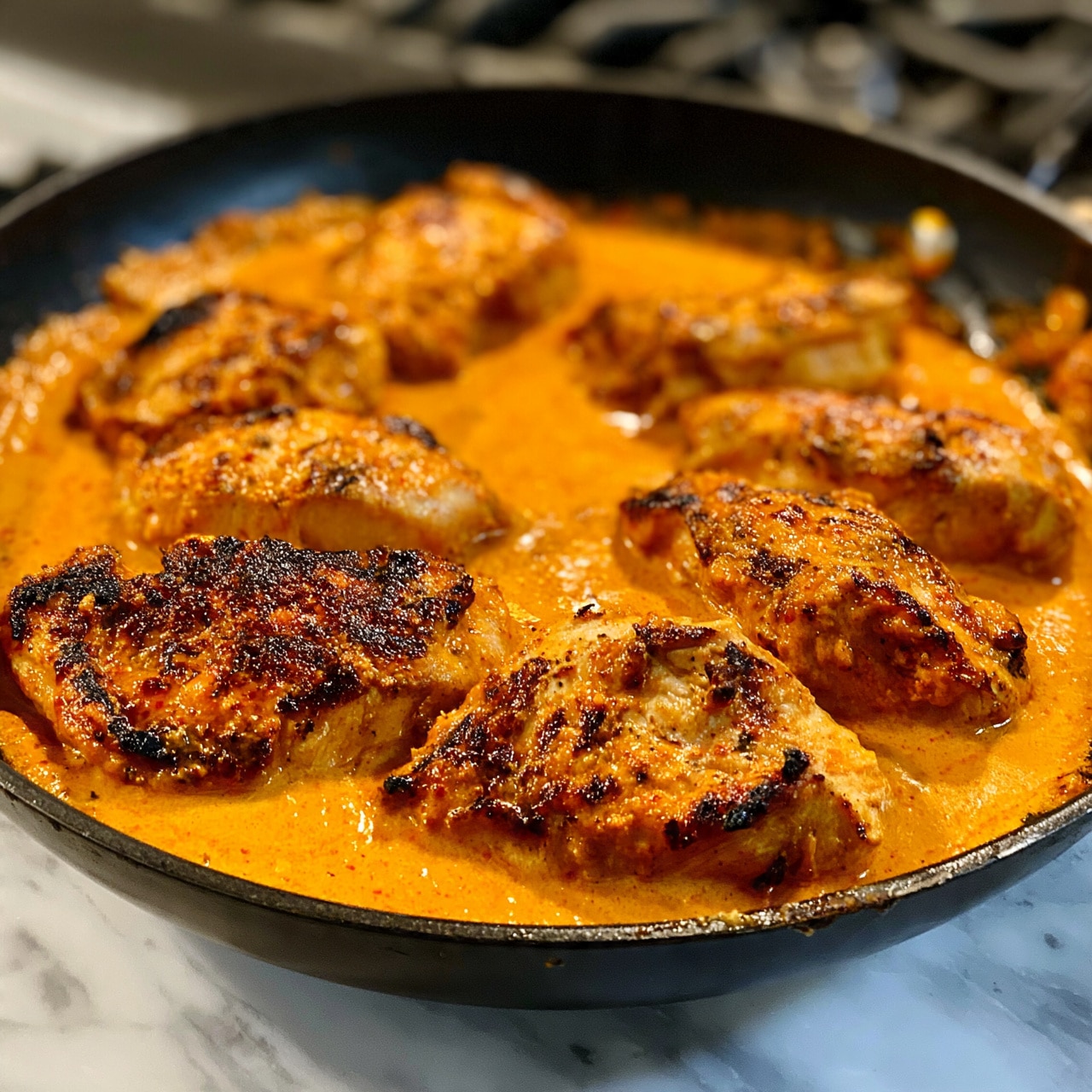 square image The image shows a black frying pan filled with several pieces of cooked chicken coated in a thick, orange sauce. The chicken pieces are golden brown with char marks, giving a slightly crispy appearance on some parts. The sauce has a smooth texture and surrounds the chicken, pooling lightly at the bottom of the pan. The pan sits on a white marbled surface, and the background shows a blurred stove area. photo taken with an iphone --ar 4:5 --v 7