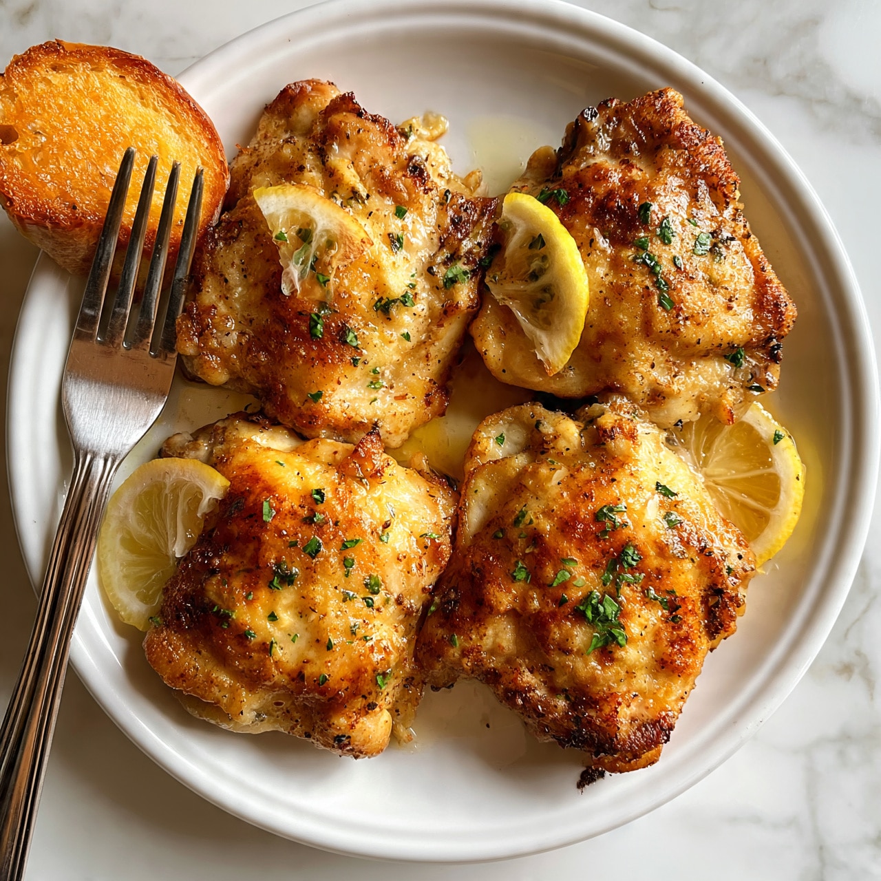 Slow Cooker Lemonade Chicken Recipe 5 square image The image shows four golden-brown cooked chicken pieces arranged closely on a white oval plate. Each piece has a slightly crispy texture with visible seasoning and is garnished with small green chopped herbs. Thin lemon slices are placed lightly on and around the chicken. A silver fork and a golden-brown toasted bread slice rest on the left side of the plate. The plate is set on a white marbled surface. photo taken with an iphone --ar 4:5 --v 7