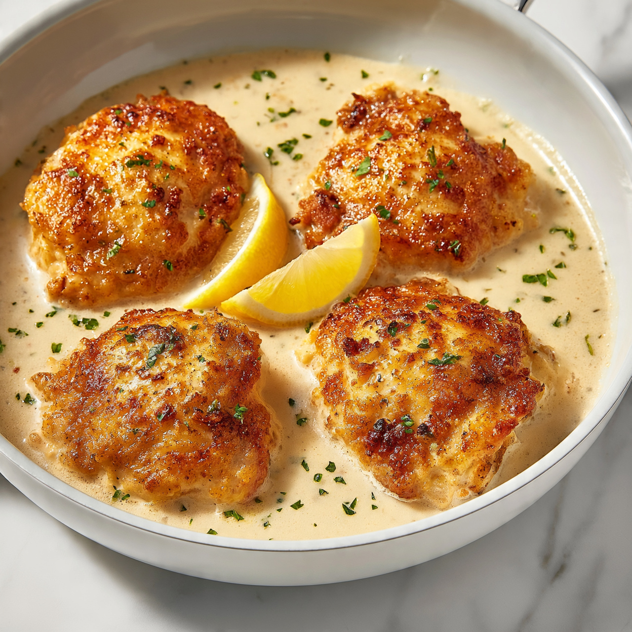 square image The image shows a white pan with four golden-brown cooked chicken pieces sitting in a creamy light beige sauce. The chicken pieces have a crispy texture with some small browned spots and are placed unevenly in the sauce. On top of the sauce and chicken, there are small green herb bits scattered, adding contrast. Two lemon wedges are placed between the chicken pieces, adding bright yellow color to the dish. The pan is on a white marbled surface. photo taken with an iphone --ar 4:5 --v 7