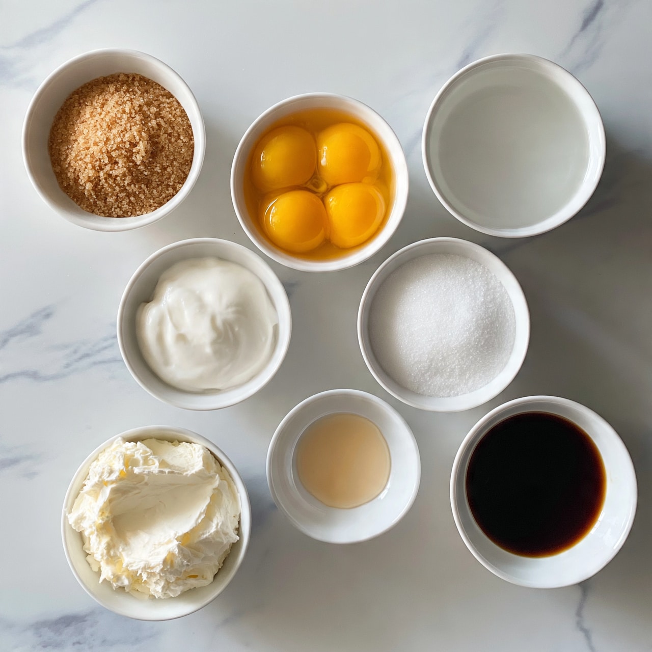 square image The image shows a clean white marbled surface with eight small white bowls arranged in a neat layout. Each bowl contains a different ingredient: light brown sugar with a grainy texture, bright yellow raw egg yolks, a clear liquid, white granulated sugar, thick white yogurt, smooth cream cheese, a small amount of light beige vanilla extract, and dark brown vanilla syrup. The bowls vary in size, mostly small and round, filled with the ingredients in clear, visible layers. The scene looks tidy and prepared for baking or cooking, with natural light highlighting the textures and colors. Photo taken with an iphone --ar 4:5 --v 7