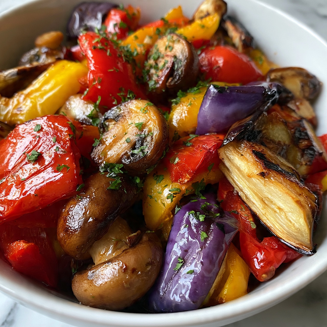 square image The image shows a close-up of a bowl filled with colorful grilled vegetables. There are layers of bright red and yellow bell peppers that are slightly charred, mixed with brown mushrooms that have a shiny, cooked surface. At the bottom and around the sides, you can see pieces of grilled purple eggplant with a soft texture and light grill marks. Small green herbs are sprinkled across the top, adding a touch of freshness to the warm tones. The vegetables are placed inside a white bowl set on a white marbled surface which adds brightness to the warm colors. photo taken with an iphone --ar 4:5 --v 7