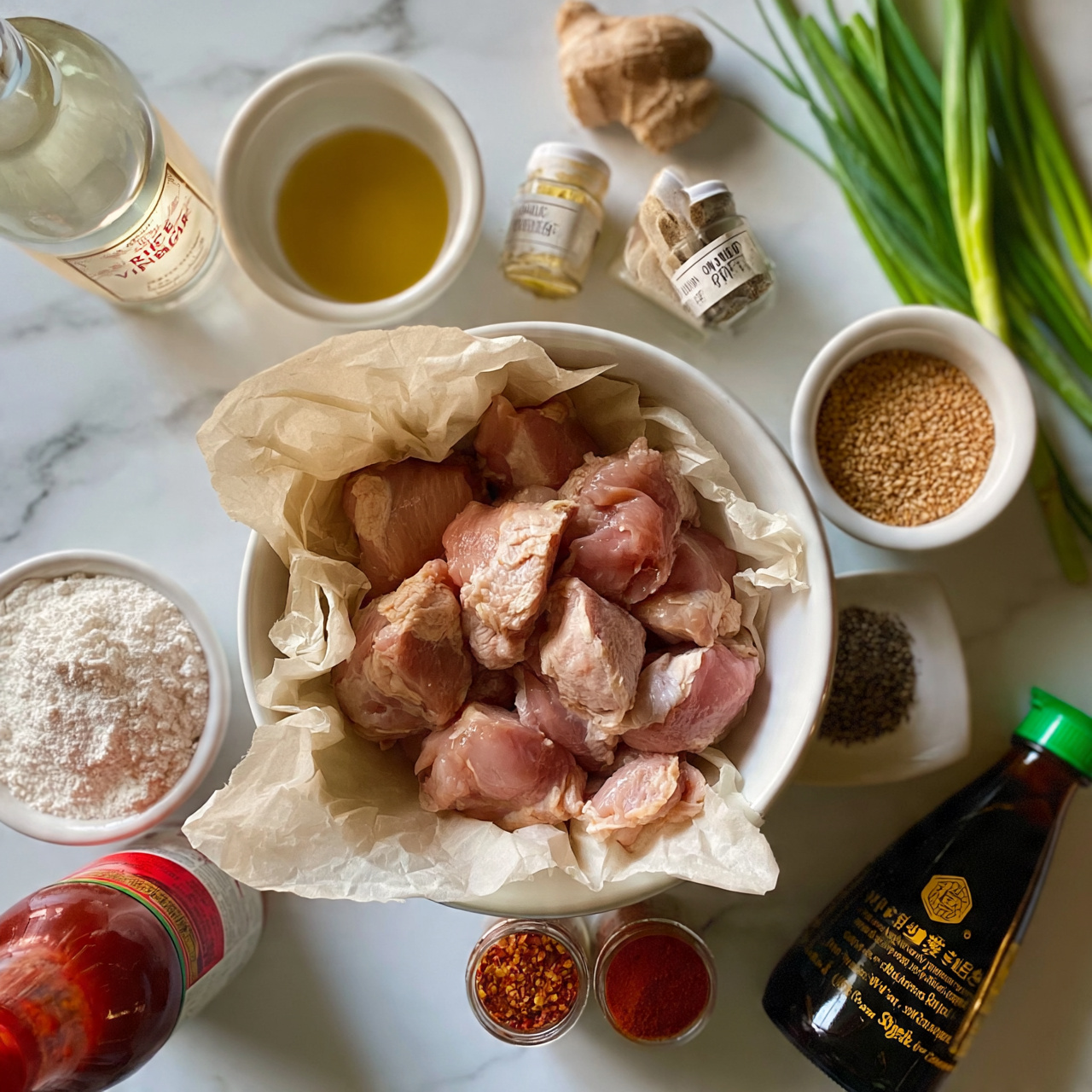 square image A white bowl in the center holds pieces of raw pink chicken on crumpled parchment paper. Around the bowl, there are many cooking ingredients arranged neatly on a white marbled surface: a bottle of rice vinegar on the top left, a small white bowl of yellow oil above the chicken, powder spice jars labeled garlic and onion powder near the center top, a piece of fresh ginger above the bowl, green onion stalks on the top right, a white bowl of sesame seeds below the onions, a small white dish with black pepper next to the chicken bowl, a bottle of soy sauce on the bottom right, a container of cornstarch on the bottom left, a bottle of red sauce on the lower left, and spice jars of crushed red pepper and paprika near the bottom center. photo taken with an iphone --ar 4:5 --v 7