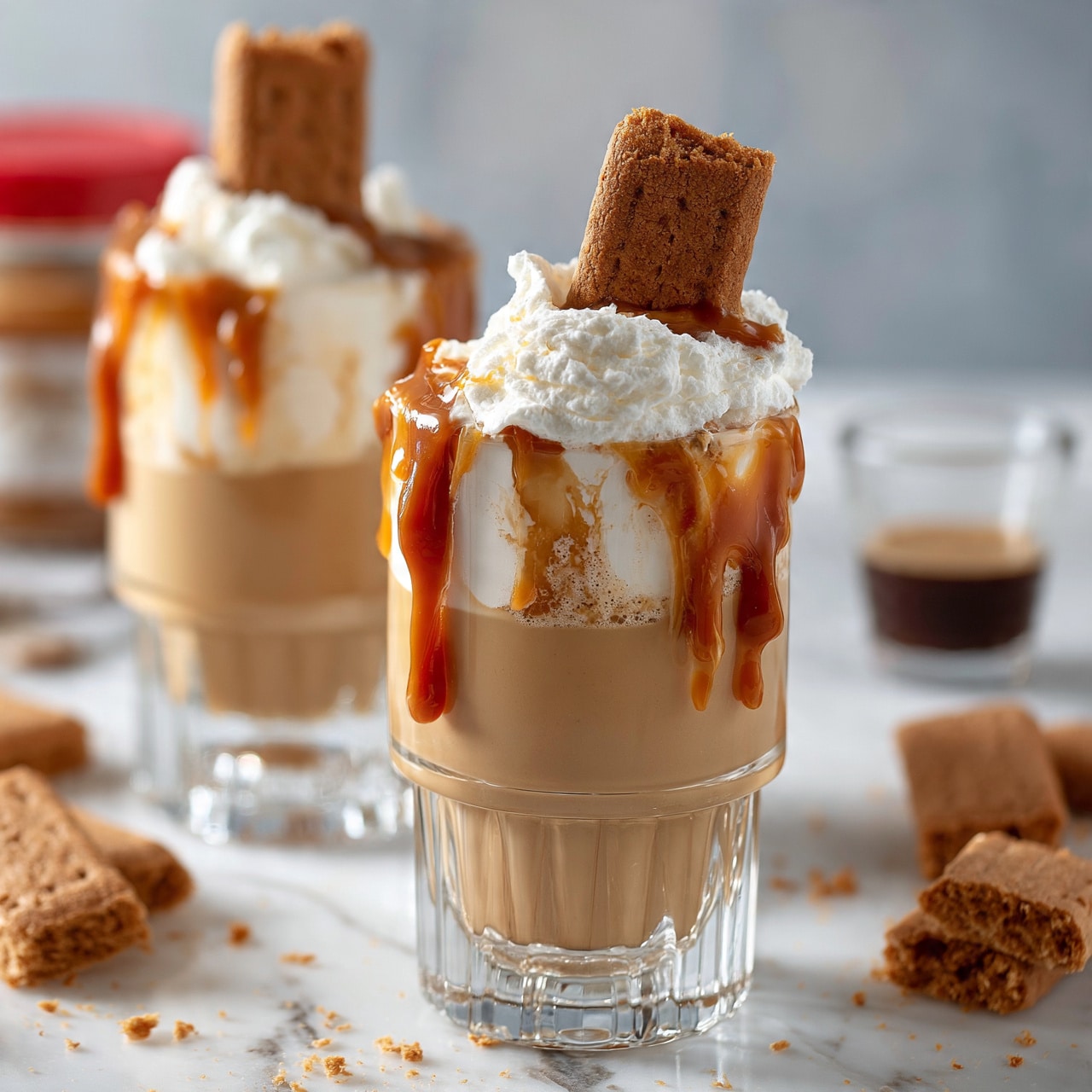 square image Two clear glasses filled with a light brown creamy drink that fills about three-quarters of each glass. On top of the drink is a thick white layer of whipped cream with caramel sauce dripping down the sides. Each glass has a brown rectangular biscuit placed upright in the whipped cream. One glass is in the front and the other is behind it, slightly blurred. Around the glasses, more brown biscuits lie on a white marbled surface with small crumbs scattered. In the background, there is a jar with a red lid and a small clear glass cup of dark coffee. Photo taken with an iphone --ar 4:5 --v 7square image
