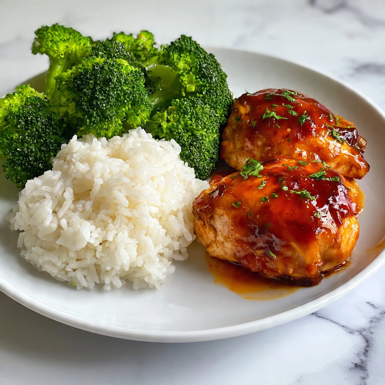 square image The dish shows two golden-brown cooked chicken pieces covered in a shiny, dark orange sauce with small green herb pieces sprinkled on top, placed on the right side of a white plate. On the left side of the plate, there is a serving of white rice with fluffy texture and bright green steamed broccoli with small water droplets. The plate is set on a white marbled surface. photo taken with an iphone --ar 4:5 --v 7
