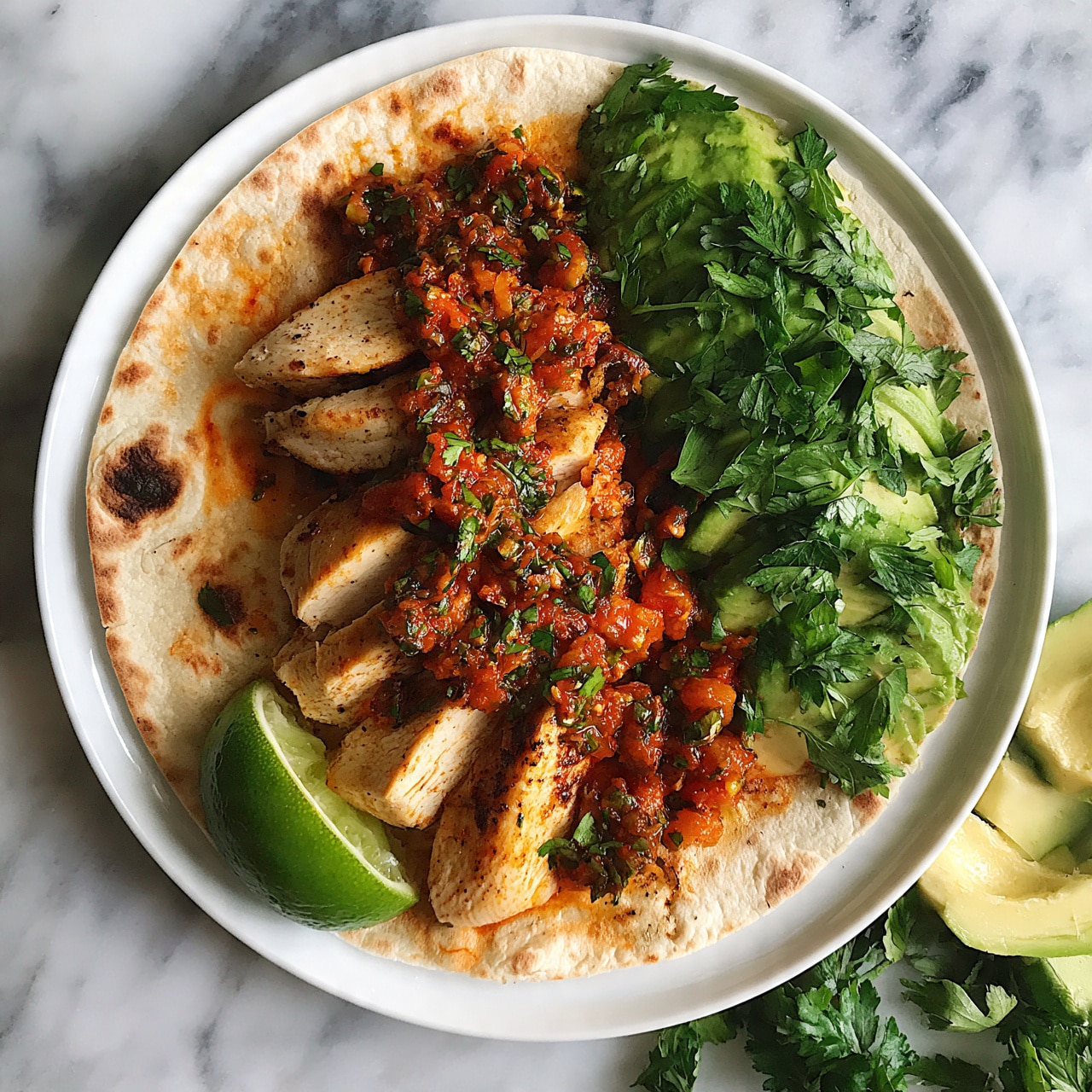 square image A white plate holds a soft toasted tortilla as the base layer, showing light brown toasted spots and a warm texture. On top, there are several thick slices of cooked chicken with a light brown color and slight char marks. The chicken is covered with a chunky red salsa mixed with finely chopped green herbs, adding texture and color contrast. To the right side of the tortilla, sliced green avocado pieces form the third layer, topped with fresh, vibrant green parsley leaves scattered on the whole taco. A wedge of bright green lime lies near the edge of the tortilla, adding a fresh accent. The whole plate sits on a white marbled surface next to some extra avocado pieces and parsley leaves. photo taken with an iphone --ar 4:5 --v 7