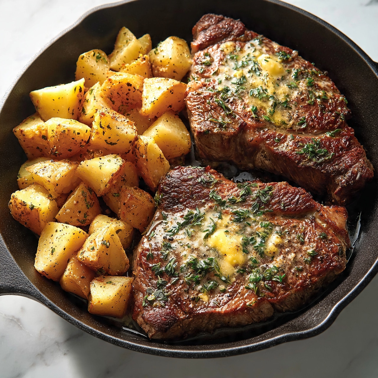 square image The image shows two large, cooked steaks in a black cast iron pan, each topped with melted butter and scattered fresh green herbs like thyme, giving a rich and glossy texture. Next to the steaks, there are golden roasted potato chunks with browned edges, seasoned with herbs and black pepper, filling the left side of the pan. The pan rests on a white marbled surface, creating a clean and bright contrast to the dark pan and warm food colors. Photo taken with an iphone --ar 4:5 --v 7