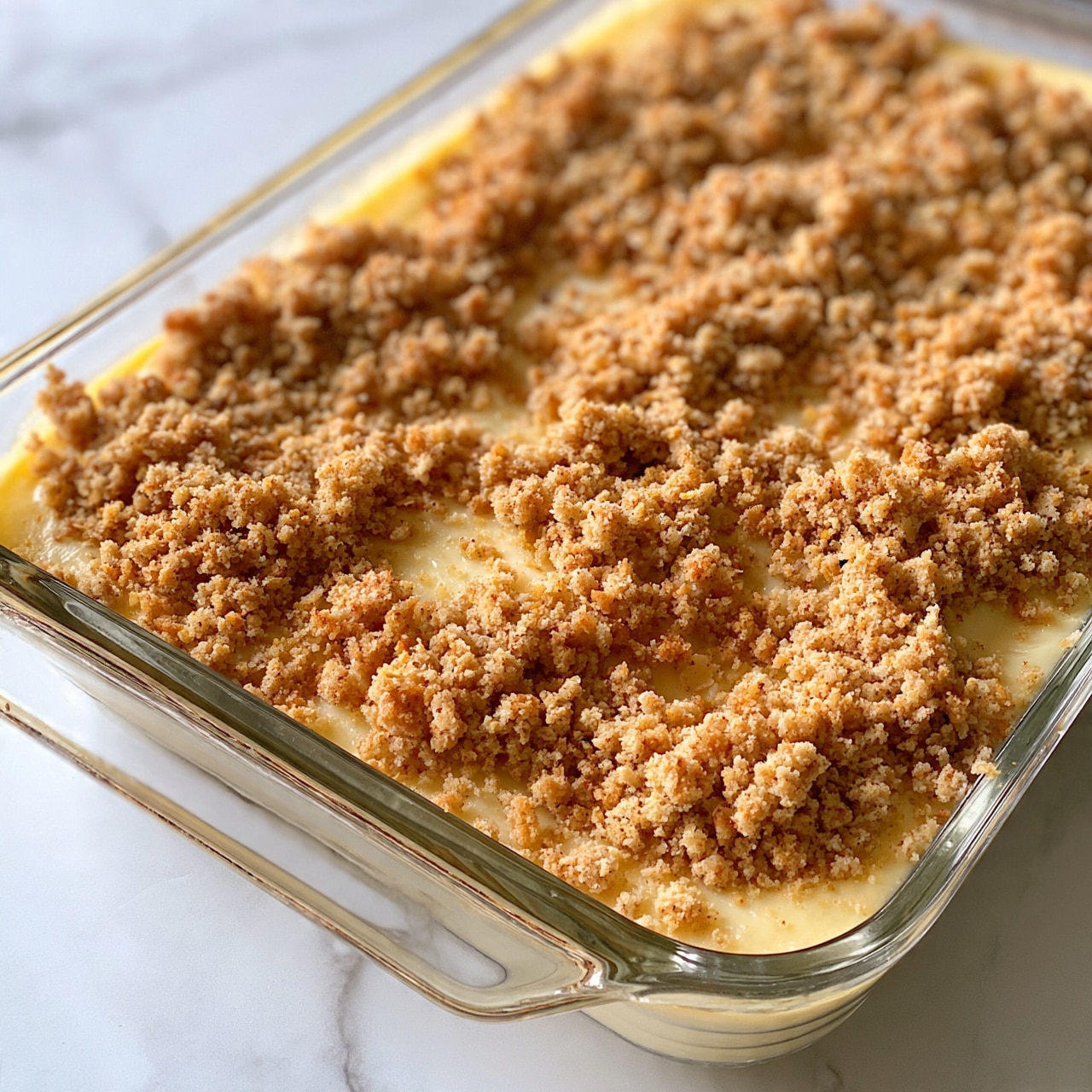 square image A clear glass rectangular baking dish filled with a creamy yellow casserole. The top layer is covered evenly with a golden-brown crumb topping, scattered across the surface with some small gaps showing the smooth creamy layer beneath. The dish rests on a white marbled surface, and the texture of the crumb topping looks crunchy and crumbly. Photo taken with an iphone --ar 4:5 --v 7