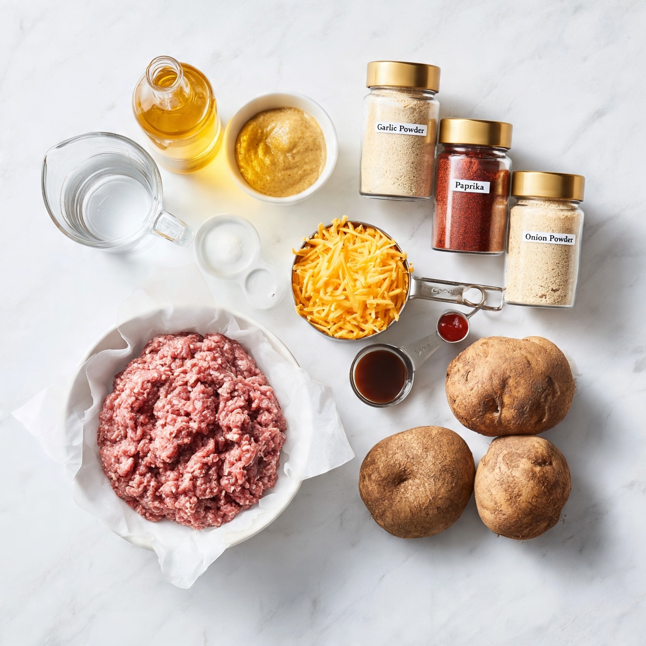 square image The image shows a collection of ingredients arranged on a white marbled surface. At the center bottom left is a white bowl lined with parchment paper holding a large mound of raw ground meat in a pinkish-red color. To the right are four brown potatoes with a rough texture. Above the potatoes are three glass jars with gold lids labeled