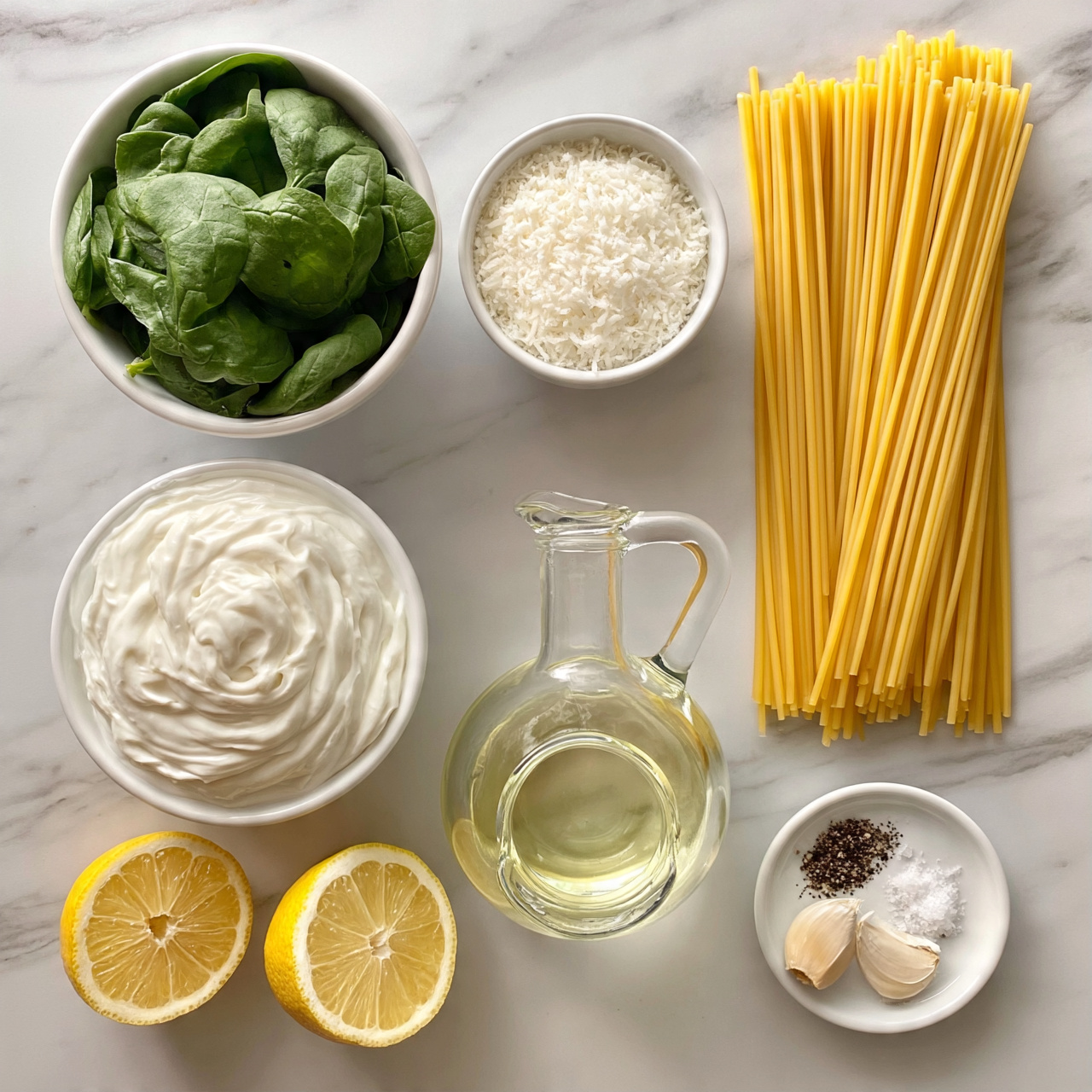 square image The image shows six items arranged on a white marbled surface in a neat layout. On the top left is a white bowl filled with fresh, bright green spinach leaves with a smooth texture. To its right is a small white bowl with finely grated white cheese that looks soft and fluffy. Further right, there is a bundle of straight, uncooked yellow spaghetti pasta strands placed side by side. Below the spinach bowl is another white bowl holding a thick, smooth, and creamy white substance. At the center bottom of the image is a transparent glass jug with light yellow olive oil inside, showing a clear shiny surface. To the left bottom corner, there are two lemon halves with a vibrant yellow outer skin and juicy interior. Lastly, on the bottom right is a small white saucer holding two cloves of garlic with pale skin, along with small piles of black pepper and white salt beside them, all detailed and evenly spaced. Photo taken with an iphone --ar 4:5 --v 7