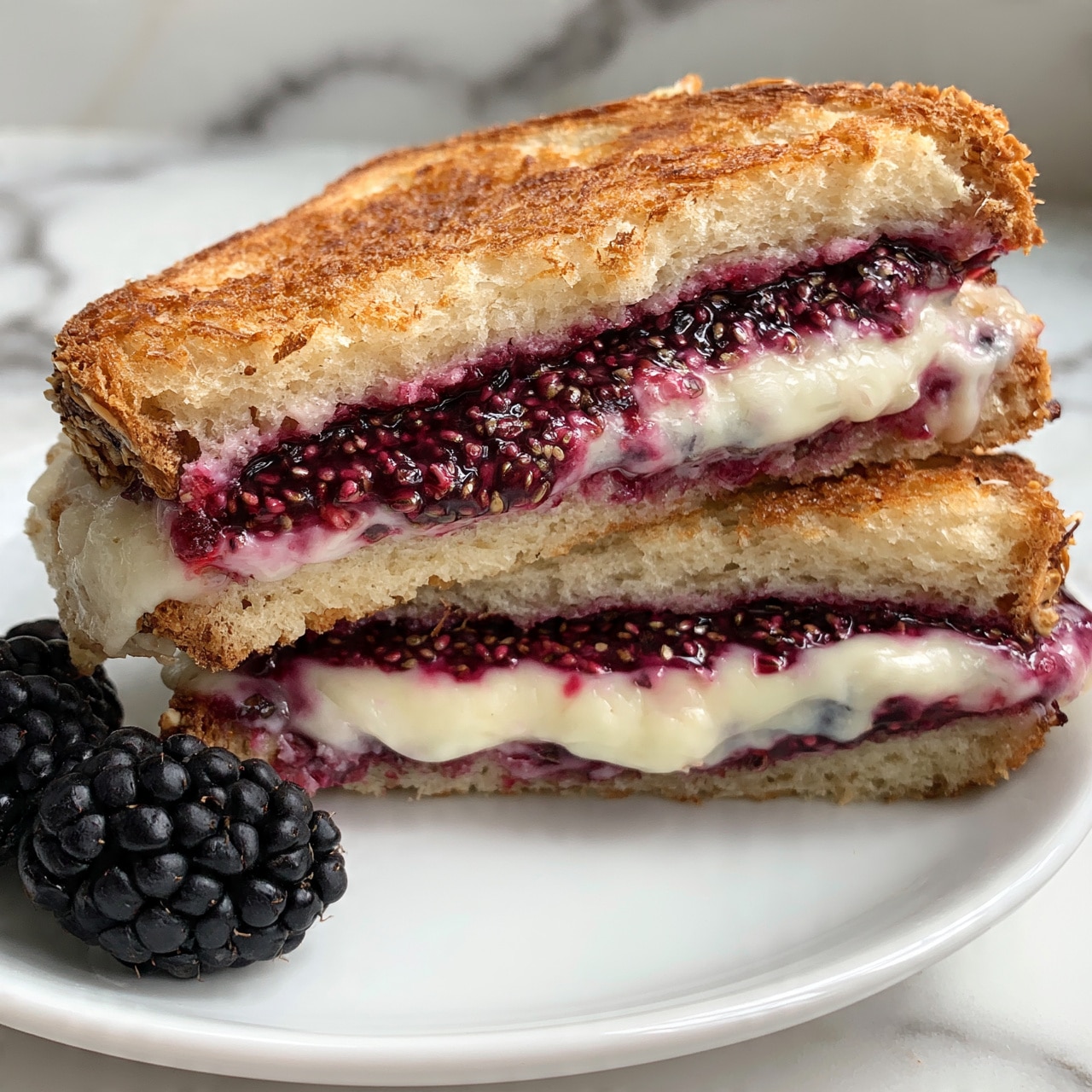square image A toasted sandwich cut in half showing three layers: the top and bottom are golden brown, crispy bread with a slightly rough texture, the middle layers consist of creamy melted white cheese oozing out and mixed with deep purple-black berry jam filled with small seeds, making the filling look rich and thick; the sandwich is on a white plate with a couple of fresh blackberries beside it, all set on a white marbled surface, photo taken with an iphone --ar 4:5 --v 7