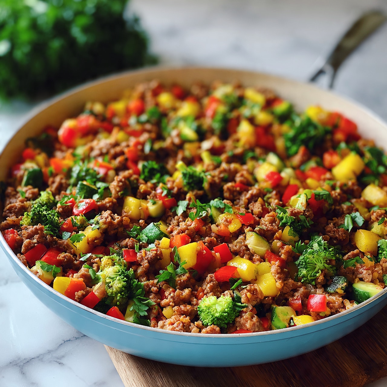 square image A close-up view of a light blue pan filled with cooked ground meat mixed with colorful diced vegetables including bright red bell peppers, yellow squash, green broccoli florets, and green zucchini pieces, all sprinkled with fresh parsley leaves. The pan handle extends to the right and it sits on a white marbled surface with a wooden board partially visible underneath. In the background, a blurred bunch of fresh parsley adds a touch of green to the scene. The food has a textured, hearty look with small, visible pieces creating a vibrant mix of colors and shapes. Photo taken with an iphone --ar 4:5 --v 7