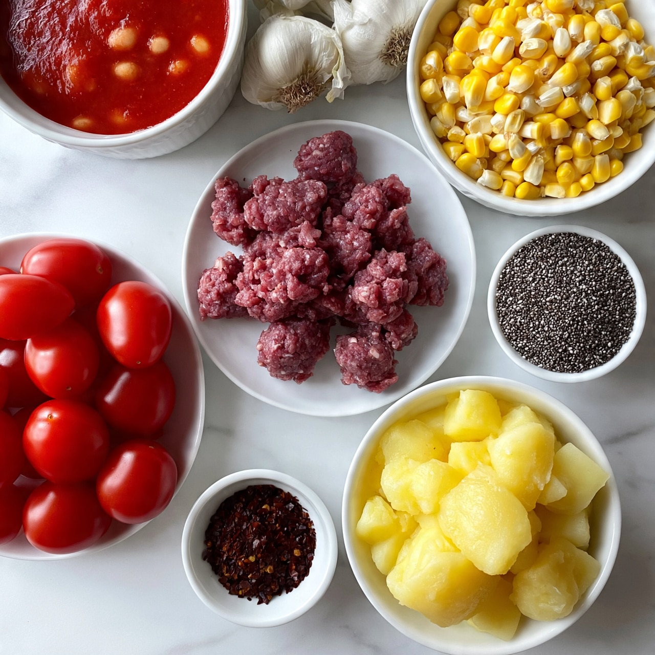 square image The image shows seven white dishes arranged on a white marbled surface. At the center is a plate with raw ground meat, dark pink and crumbly. To the right at the top is a bowl of yellow and white corn kernels. Below it is a smaller bowl filled with dark chia seeds. Below the center plate is a bowl with pale yellow diced potatoes, chunky and smooth in texture. To the left at the bottom is a small dish with dark red chili flakes. Above it is a larger plate filled with bright red grape tomatoes, smooth and shiny. At the top left, there is a bowl of red tomato sauce with visible small white beans. A bunch of garlic heads sit next to the sauce bowl. The photo is taken with an iphone --ar 4:5 --v 7