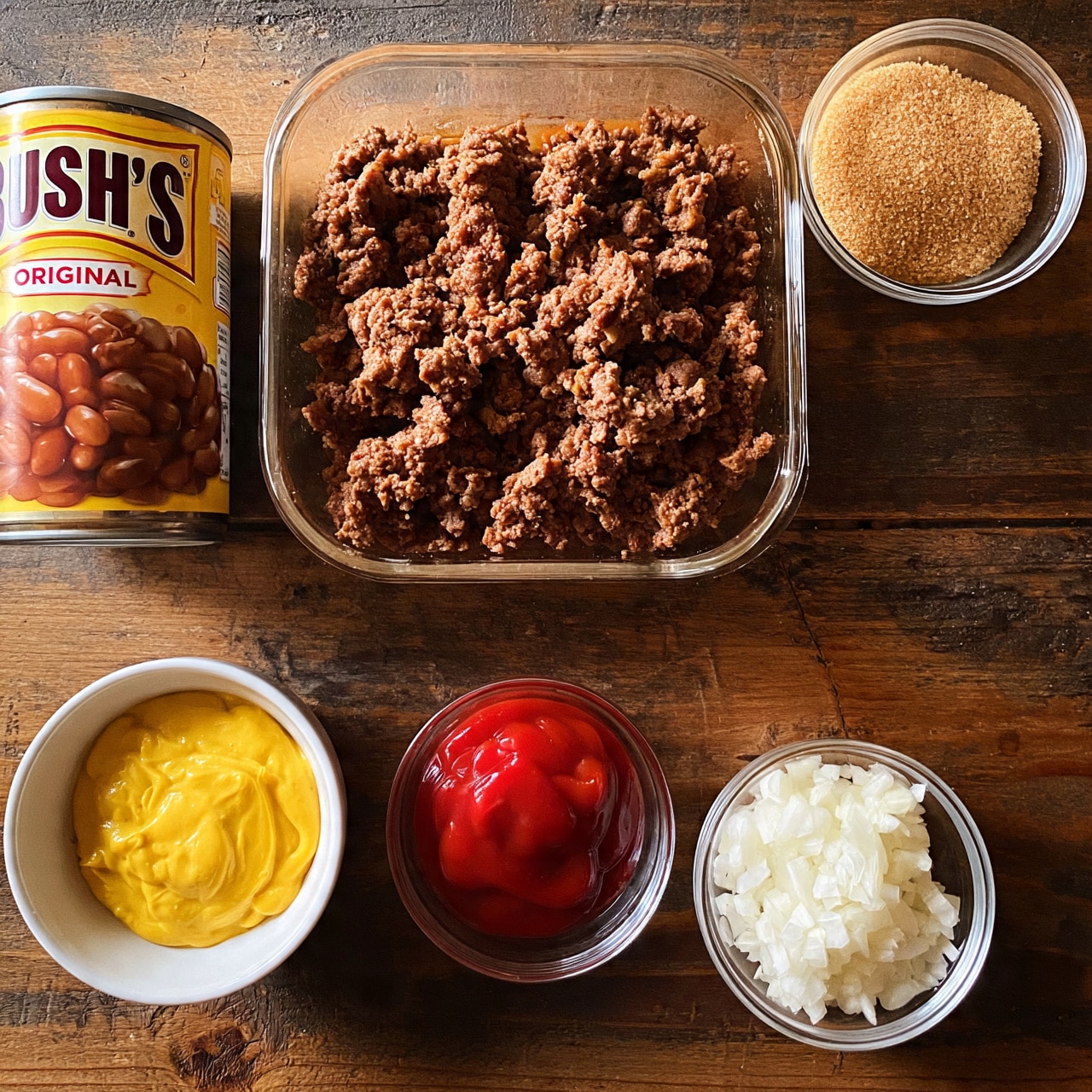 square image The image shows six items arranged on a wooden table: a can of Bush's Original baked beans on the left, a rectangular glass container filled with cooked ground beef above the center, a small white bowl with yellow mustard below the left, a small round glass bowl with red ketchup below the center, a small round glass bowl with chopped white onions below the right, and a small round glass bowl with brown sugar on the upper right. Photo taken with an iphone --ar 4:5 --v 7