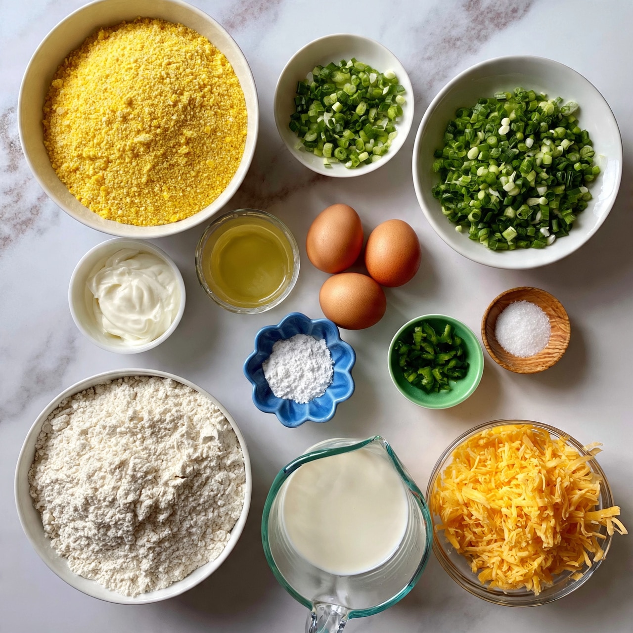 square image The image shows eleven bowls and containers with different ingredients on a white marbled surface. Starting from the top left is a large white bowl filled with yellow cornmeal, next to it on the right is a medium white bowl with chopped green onions. Below the cornmeal is a small white bowl with sour cream, and to the left of the sour cream is a glass container with melted butter. Two brown eggs rest next to the butter in the middle of the arrangement. Below the eggs is a small blue flower-shaped bowl filled with white baking powder. A small green bowl filled with chopped green chili is to the right of the eggs. Next to the chili is a small wooden bowl with salt. To the far bottom left is a larger white bowl packed with white flour. In the center bottom is a glass measuring cup filled with milk, and to the right is a clear bowl filled with shredded cheddar cheese. Everything is brightly lit and the photo is taken with an iphone --ar 4:5 --v 7