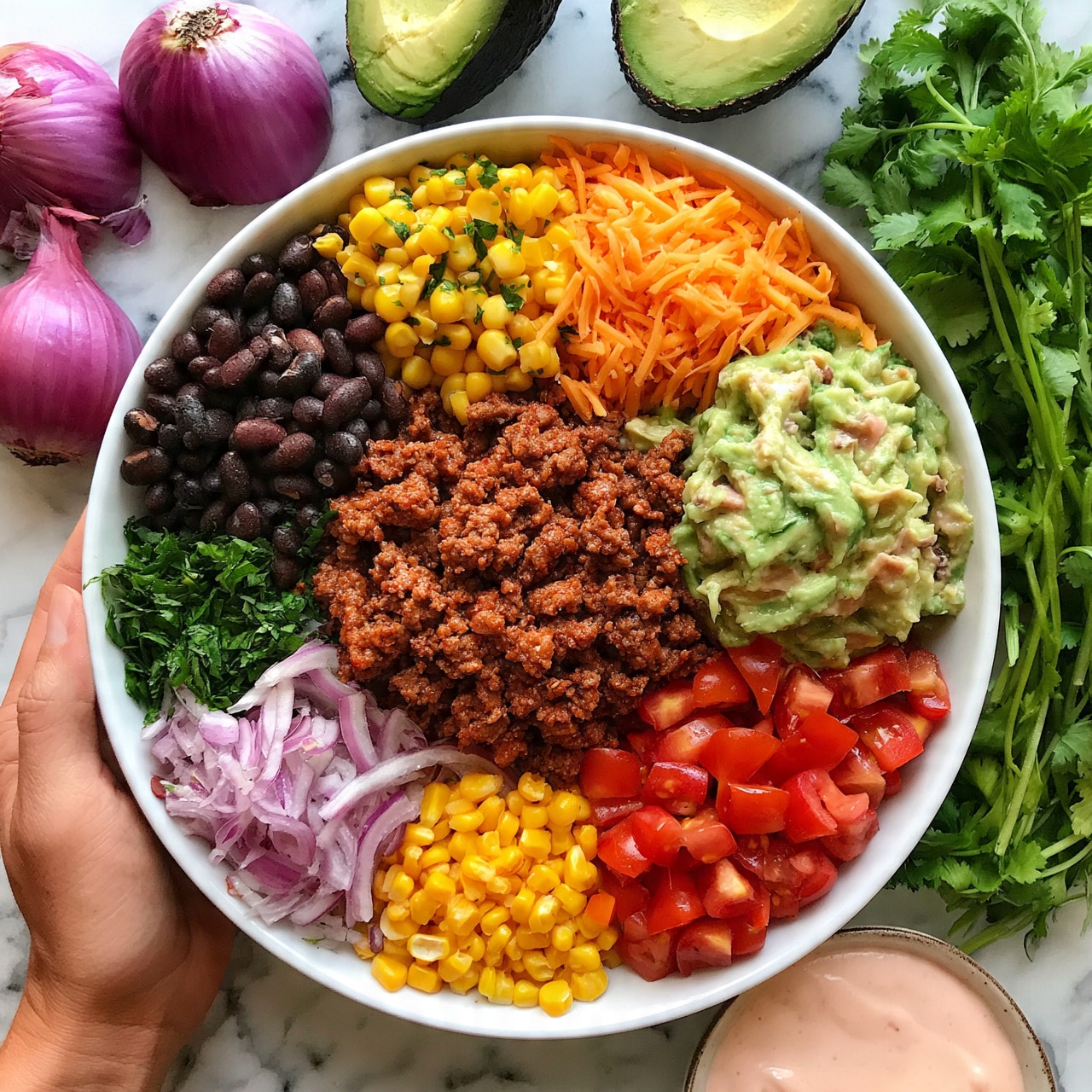 square image The image shows a white bowl filled with several layers of colorful food items arranged in neat sections. At the center, there is brown seasoned ground meat. Surrounding it in a circular order are black beans with smooth texture, bright yellow corn kernels, finely chopped green herbs, shredded orange cheese, thinly sliced red onions, chopped red cherry tomatoes, and a small scoop of mashed avocado with light green color. Outside the bowl, fresh red onions, two halved avocados with dark green skin and light green inside, a bunch of fresh green cilantro, and a small bowl of light pink creamy dressing sit on a white marbled surface. A woman's hand holds the bowl from the left edge. photo taken with an iphone --ar 4:5 --v 7