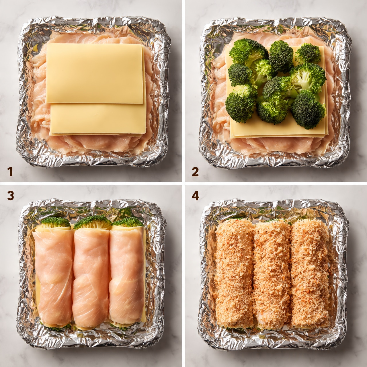 square image The image shows four steps of preparing a dish, all on a tray covered with shiny foil and placed on a white marbled surface. In the first step, thin slices of light pink raw meat are topped with two layers of pale yellow cheese sheets, stacked neatly. In the second step, bright green broccoli florets are placed on top of the cheese sheets above the meat slices. The third step shows the meat rolled around the cheese and broccoli layers, forming tight light pink rolls. Finally, in the last step, the rolls are covered with a light brown crumb coating and placed back on the foil. The scene is clear and focused, showing textures like the chicken's smooth surface, the broccoli's bumpy look, and the crispy crumbs, photo taken with an iphone --ar 4:5 --v 7