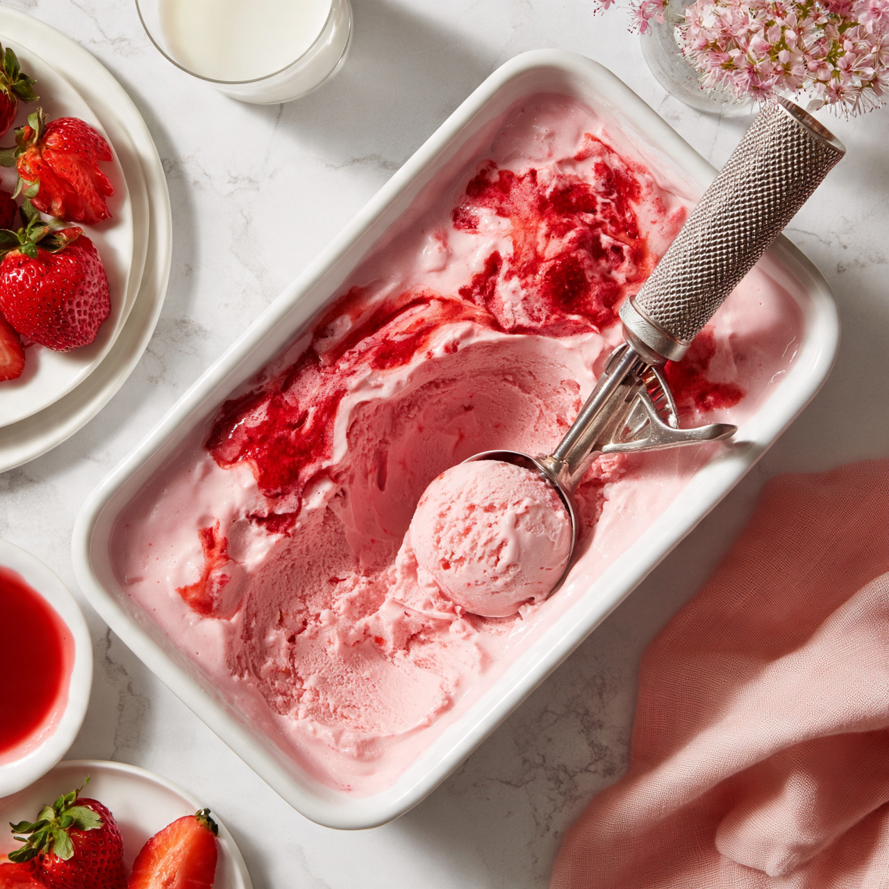 square image A white rectangular container filled with pink strawberry ice cream that has red strawberry swirls on top, with a single scoop taken out showing the smooth texture inside. A metallic ice cream scoop with a textured handle lies in the container holding a round scoop of the pink strawberry ice cream. Around the container are fresh whole and sliced strawberries on white plates, a small white bowl with red strawberry syrup, and a glass of milk on a white marbled surface. A woman's hand is not visible in this image. There is a soft pink cloth nearby, and delicate pink flowers in a clear vase add a gentle touch to the setting. Photo taken with an iphone --ar 4:5 --v 7