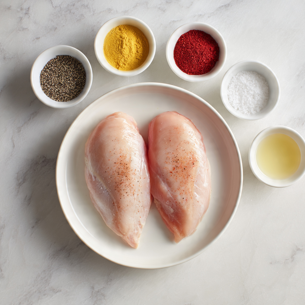 square image The image shows two pieces of raw chicken meat placed side by side on a white plate, centered in the frame. Around the plate, small white bowls hold different ingredients: one with black pepper, one with a yellow powder, one with red spice, one with white salt, and one with a light yellow liquid. The background is a white marbled surface with a subtle pattern. The scene is well lit with soft even light, showing the natural color and texture of each ingredient clearly. photo taken with an iphone --ar 4:5 --v 7