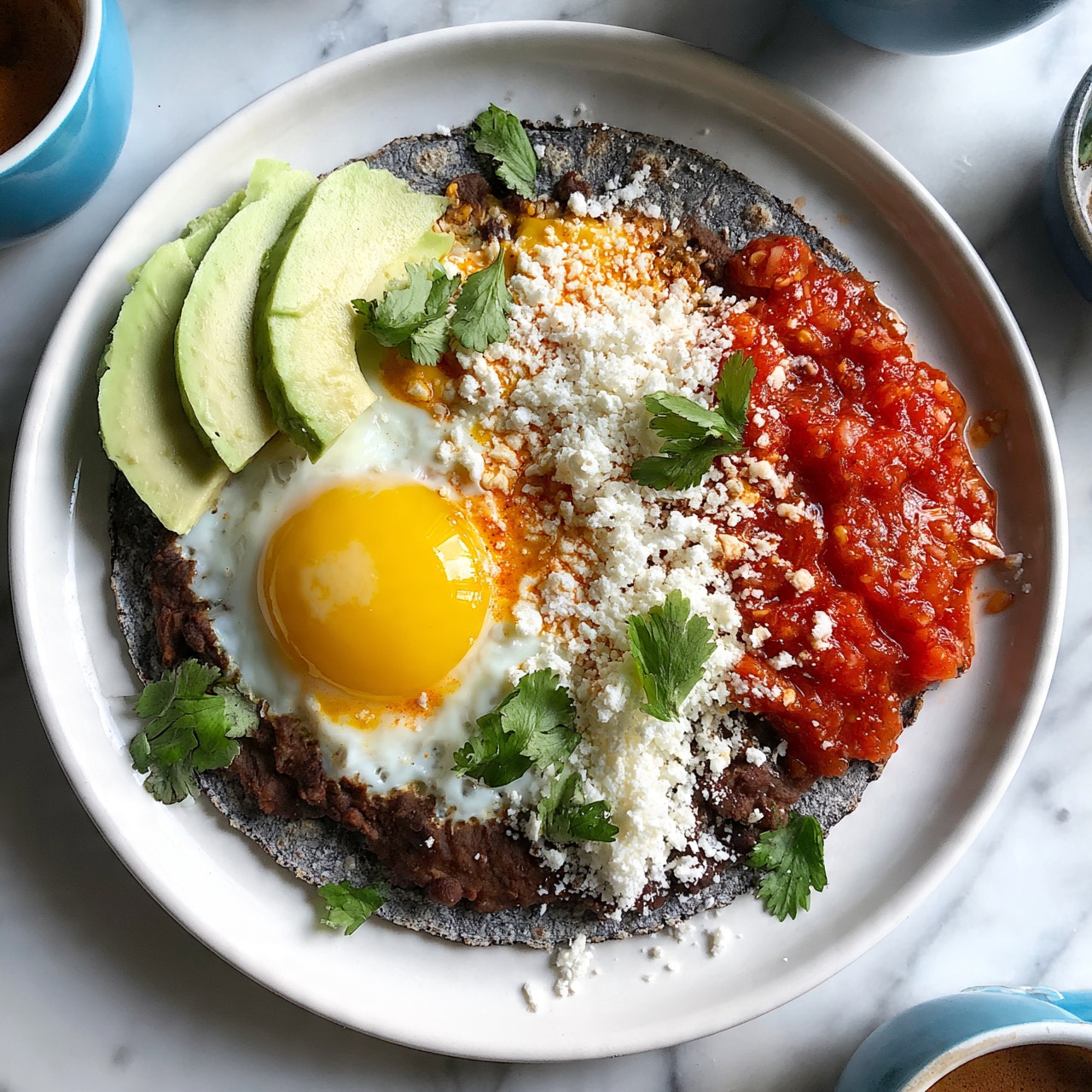 square image A white plate holds a single layered blue corn tortilla topped with a spread of dark brown refried beans. On top of the beans, there is a bright yellow sunny-side-up egg with a glossy yolk that occupies the left middle area. To the left side of the egg, three slices of light green avocado are neatly placed. On the right half, there is a spread of vibrant red salsa. White crumbly cheese is sprinkled generously over the eggs, salsa, avocado, and beans. Fresh green cilantro leaves are scattered across the whole dish. The plate is set on a white marbled surface with blue coffee cups and bowls partially visible around it. photo taken with an iphone --ar 4:5 --v 7