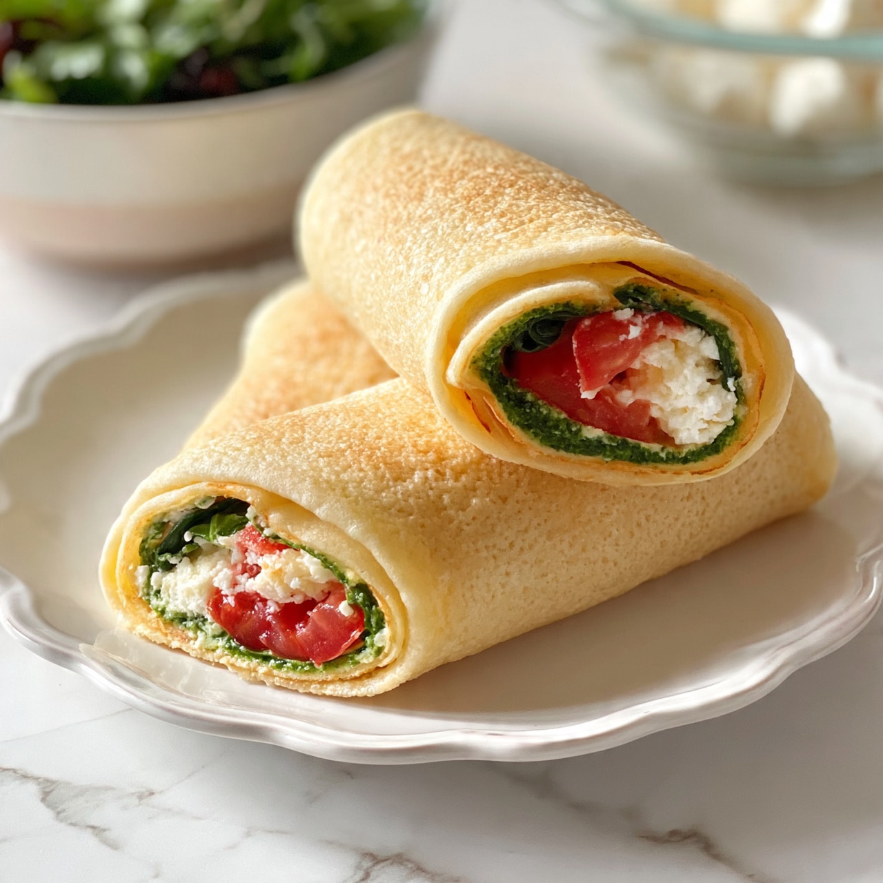 square image Two rolled wraps sit on a white plate with a scalloped edge, placed on a white marbled surface. Each wrap has a soft, light golden outer layer with a slightly textured surface from cooking. Inside, visible layers include a bright green layer of leafy spinach, red tomato pieces, and white crumbled cheese. There is a green spread or sauce near the inner edge of the wrap, adding color between the bread and the vegetables. In the background, a white bowl filled with leafy greens and a glass bowl with white chunks are partially visible. Photo taken with an iphone --ar 4:5 --v 7
