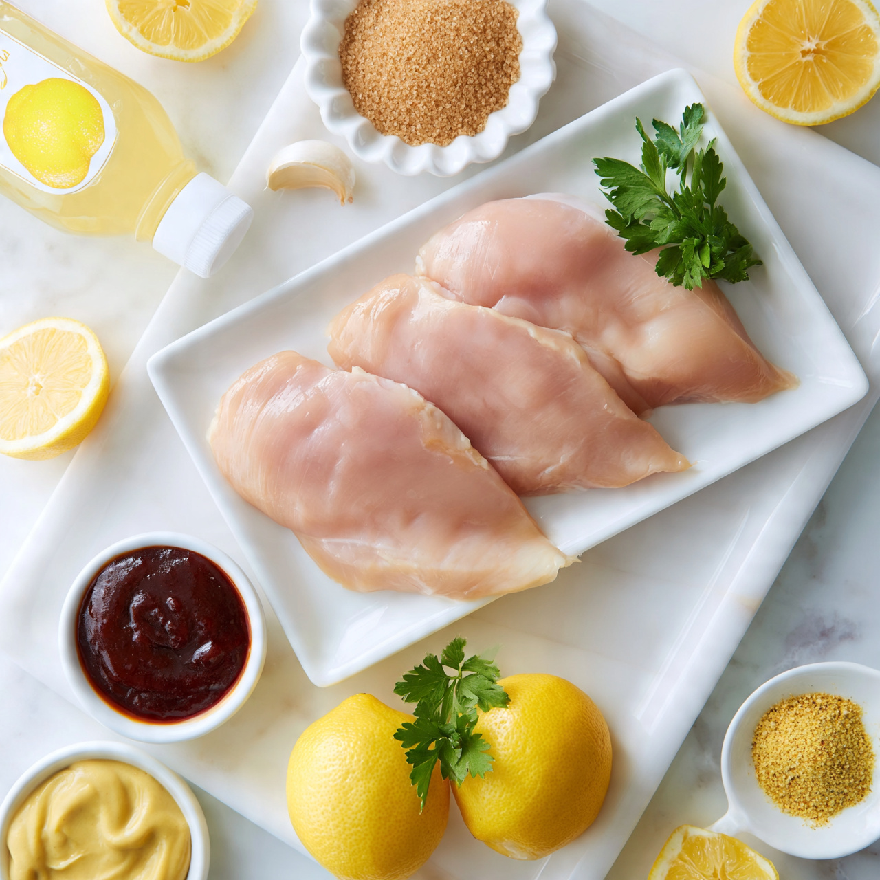 Slow Cooker Lemonade Chicken Recipe 4 square image A white rectangular plate holds four raw chicken fillets, pale pink with smooth surfaces and a sprig of green parsley resting on top near the upper right corner. Around the plate are scattered ingredients on a white marbled tray: a small white bowl with dark reddish-brown barbecue sauce at bottom left, a white scalloped bowl at top center filled with light brown sugar, and lemon halves with bright yellow flesh positioned near the top left and top right corners. A garlic clove is placed near the lemon half on the left. Two fresh whole lemons with bright yellow smooth skin sit near the bottom center with green parsley leaves atop them. At bottom left, a small white dish holds pale yellow mustard, and at bottom right another small white dish contains a sprinkle of yellowish seasoning. A bottle of lemonade with a white lid is tilted to the left side, showing a label with a large yellow lemon image. The whole scene is lit brightly for a fresh feel. Photo taken with an iphone --ar 4:5 --v 7