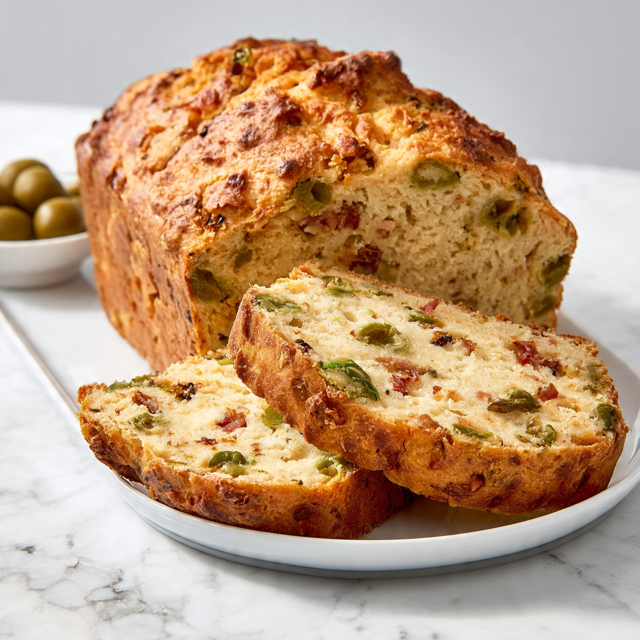 square image The image shows a loaf of savory bread placed on a long white plate on a white marbled surface. Two thick slices are cut from the front part of the loaf, exposing a light golden interior full of green olive pieces and small chunks of what looks like ham or a similar ingredient. The bread crust is golden brown and slightly rough, adding a crispy texture contrast to the soft inside. In the background, there is a small white bowl filled with whole green olives, complementing the olive pieces inside the bread. The setup is simple, bright, and focused on the bread’s texture and ingredients photo taken with an iphone --ar 4:5 --v 7