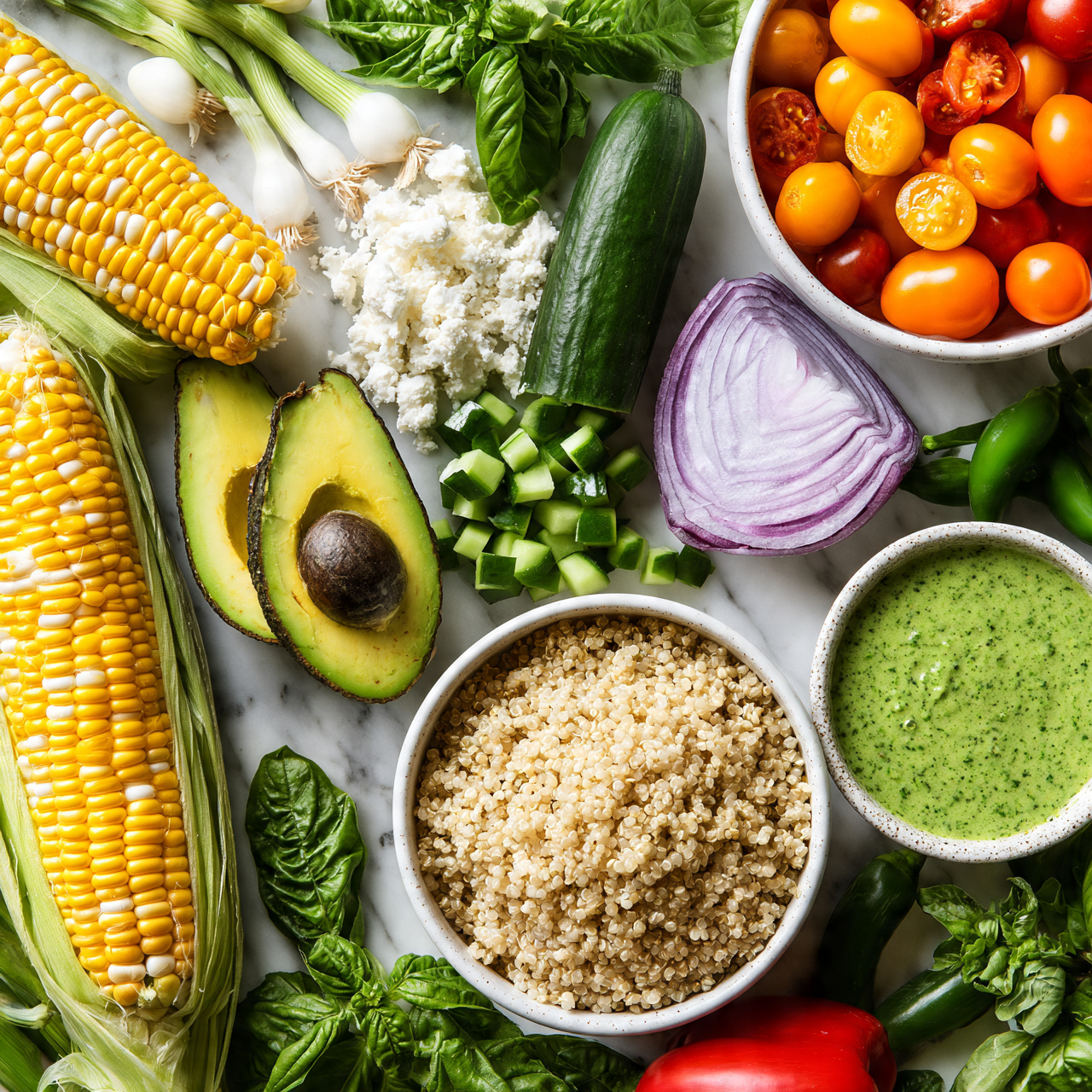 Corn, Avocado, and Quinoa Salad with Marinated Tomatoes Recipe 4 square image The image shows a variety of fresh ingredients laid out on a white marbled surface. There are two ears of corn with bright yellow kernels and green husks on the left side, next to two halves of avocado with green flesh and dark pits. A cucumber is both whole and chopped into small green cubes near the center. A red onion half with purple layers is placed near white crumbled cheese pieces. A white bowl filled with orange and red cherry tomatoes is at the top right corner. A white bowl with light brown cooked quinoa is at the bottom center. A small bowl of green dressing is beside the quinoa. Green jalapeños, spring onions with white bulbs and green tops, fresh basil, and a red bell pepper are scattered around. The colors are vibrant, showing fresh, natural textures in a clean arrangement. Photo taken with an iphone --ar 4:5 --v 7