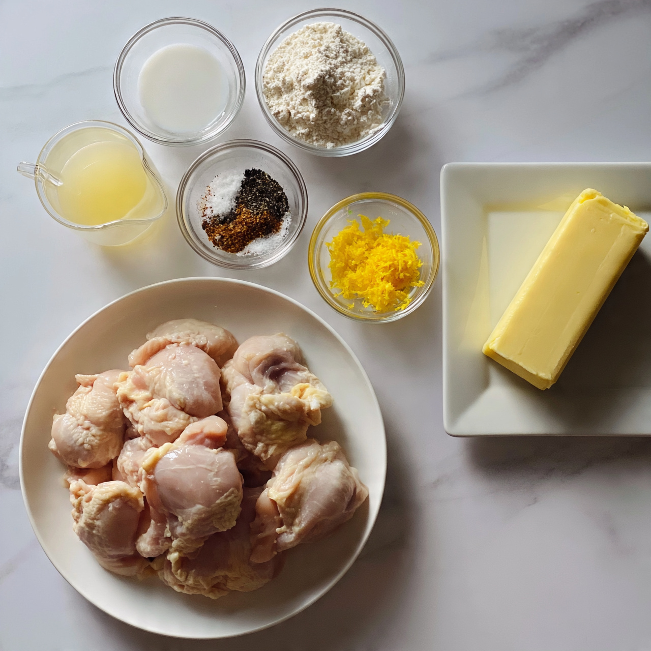 square image The image shows a top-down view of several cooking ingredients arranged neatly on a white marbled surface. At the center is a white plate holding four raw, light pink chicken pieces with a smooth texture. Above it, there is a clear glass measuring cup filled with a golden-yellow liquid, and to its right, a small clear glass bowl with chopped white onions. To the right of the chicken, there are two small white square dishes holding green chopped herbs, a small white pat of butter, and various powdered spices in different shades of browns, beige, and green, arranged in small mounds. Below, a large clear glass bowl contains toasted bread cubes with a rough, crunchy texture and golden brown edges. Several smaller bowls and dishes hold minced garlic, chopped celery, grated cheese, olive oil, and mixed seasonings, all placed around the main items. The whole setting is bright and clean, with a well-organized layout. photo taken with an iphone --ar 4:5 --v 7