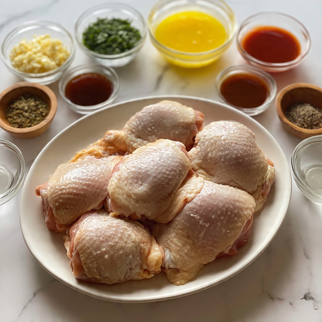 square image On a white oval plate, several raw chicken thighs are arranged, showing their soft pale pink skin and slightly wet texture. Surrounding the plate on a white marbled surface are clear glass bowls and small wooden dishes containing various ingredients: one bowl with minced garlic, one with chopped green herbs, one filled with bright yellow melted butter, one with reddish sauce, one with a dark brown liquid, and two small wooden bowls holding dried herbs and ground black pepper. A small bowl with a light clear liquid completes the mix, all positioned carefully around the plate. The photo was taken with an iphone --ar 4:5 --v 7
