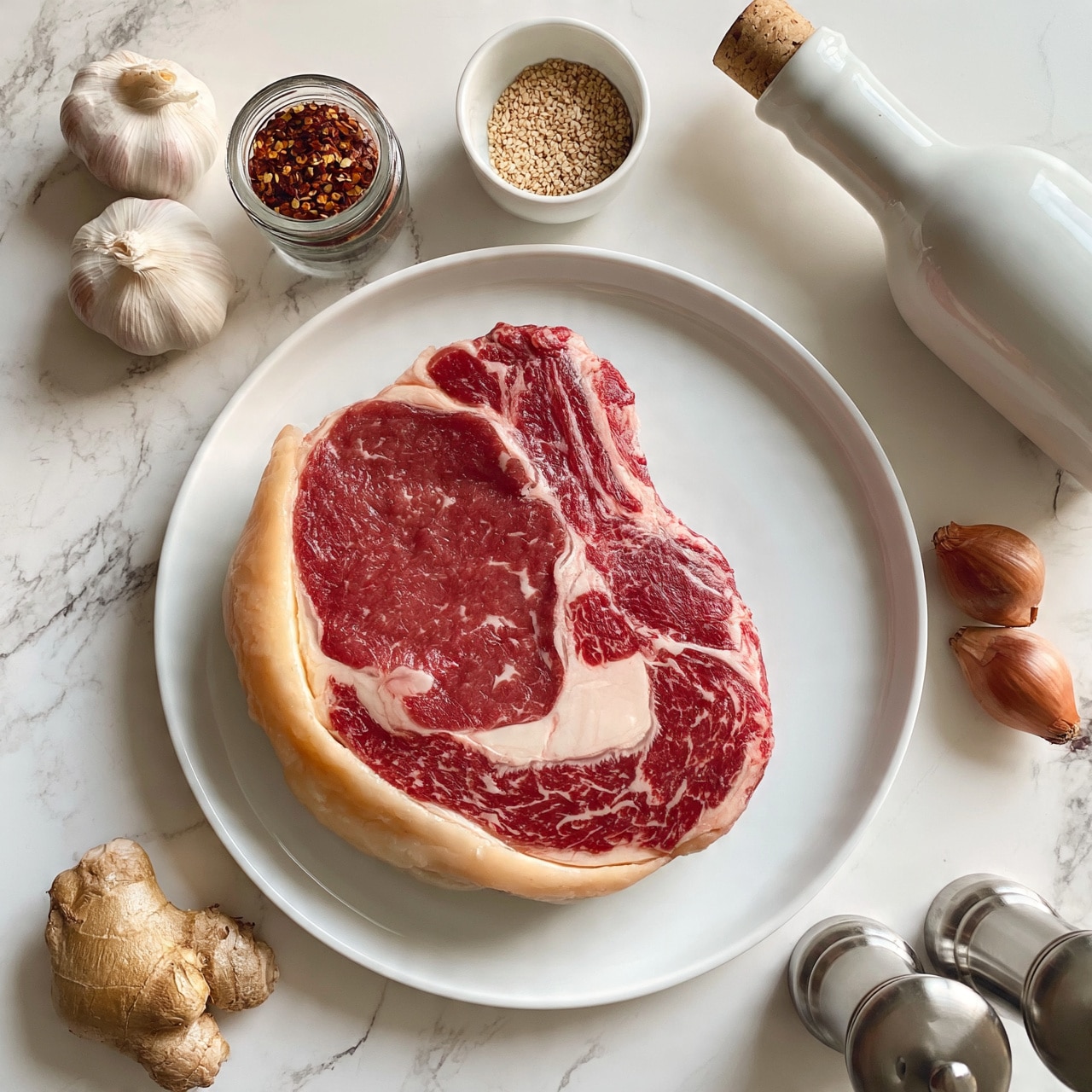 square image A large raw ribeye steak sits in the center of a white plate, showing rich red meat with white marbling and a thick creamy layer of fat along the edge. Surrounding the plate on a white marbled texture are various ingredients: to the top left, two garlic bulbs; next to them, a small glass jar filled with red chili flakes; a small white bowl filled with sesame seeds sits above the steak; to the right, a white bottle of oil with a cork stopper leans diagonally. Below the oil are two small brown shallots, and to the bottom left of the plate is a piece of fresh ginger root. At the bottom right corner, salt and pepper shakers made of metal are placed side by side. Photo taken with an iphone --ar 4:5 --v 7 square image