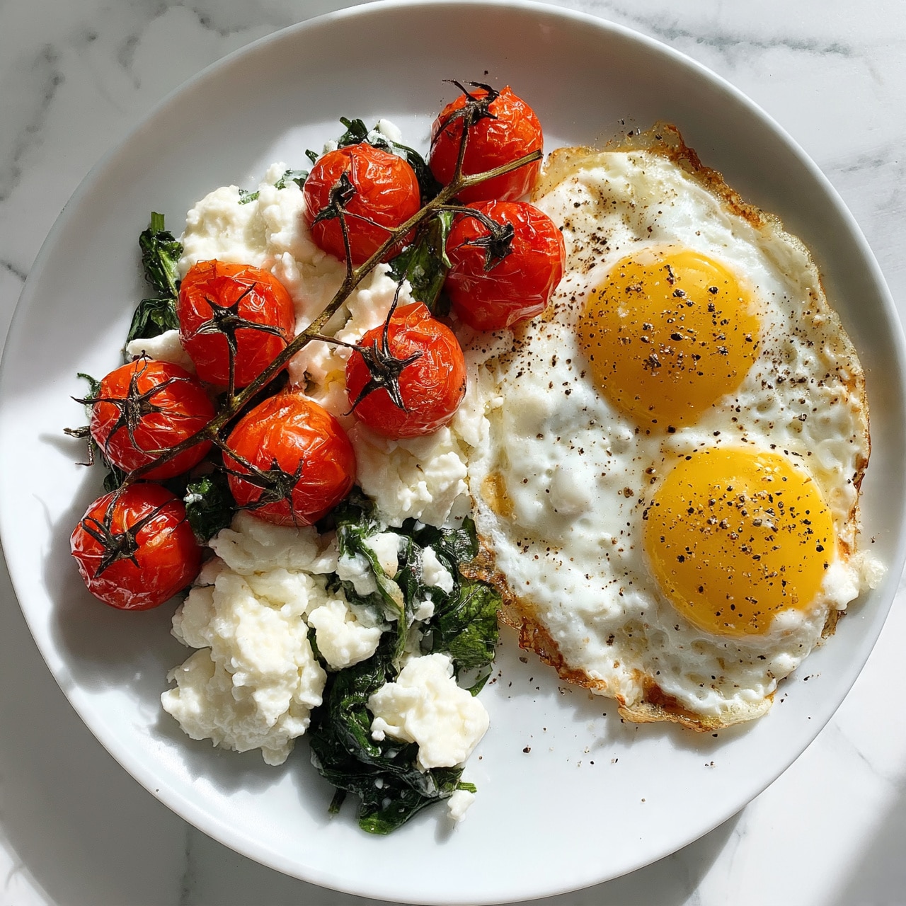 square image The dish shows two sunny-side-up eggs with bright yellow yolks and slightly crisp white edges placed on the right side of a white plate. On top and around the eggs, there is a mix of roasted bright red cherry tomatoes still on their thin green vine, white soft cheese crumbled with some green spinach leaves cooked and mixed in. There is a light sprinkle of black pepper seasoning scattered over the eggs and the rest of the dish. The plate sits on a white marbled surface. Photo taken with an iphone --ar 4:5 --v 7
