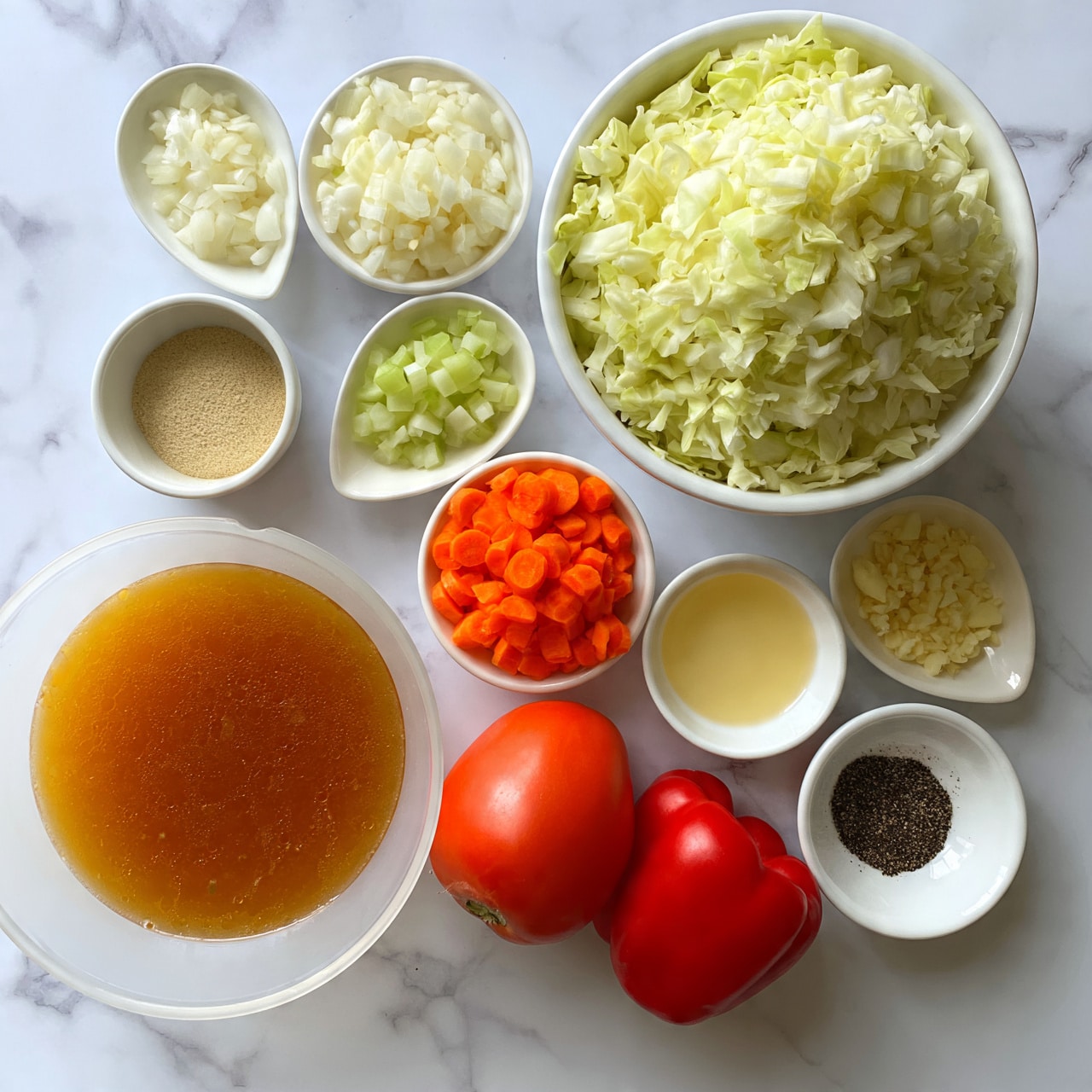 square image The image shows various fresh ingredients arranged neatly on a white marbled surface. There is a large white bowl filled with pale green chopped cabbage at the top right. Surrounding it are small white bowls and dishes holding finely chopped white onions, sliced orange carrots, small green chunks, minced garlic, black pepper, and a light yellow liquid, possibly oil. A small white bowl contains a light brown seasoning, while a larger transparent white bowl holds a rich golden-brown broth on the left side. A whole red tomato and a red bell pepper are positioned near the center bottom. Everything is cleanly arranged with clear, bright colors standing out against the white marbled background. photo taken with an iphone --ar 4:5 --v 7