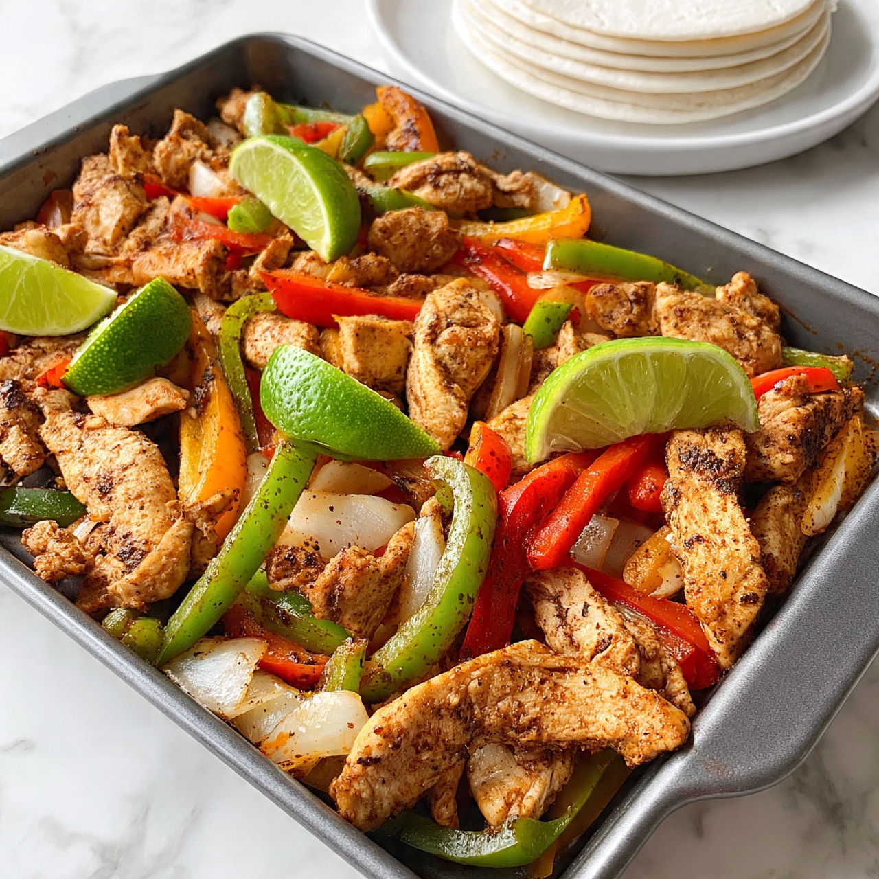 square image A gray metal tray is filled with cooked strips of light brown chicken mixed with long slices of green, red, and orange bell peppers, and white onion pieces, all seasoned with dark spices. Bright green lime wedges are scattered on top, adding fresh color. In the background, there is a white plate stacked with round white tortillas on a white marbled surface. The overall look is colorful and fresh, with the warm colors of the cooked food contrasting with the cool lime and white background. photo taken with an iphone --ar 4:5 --v 7
