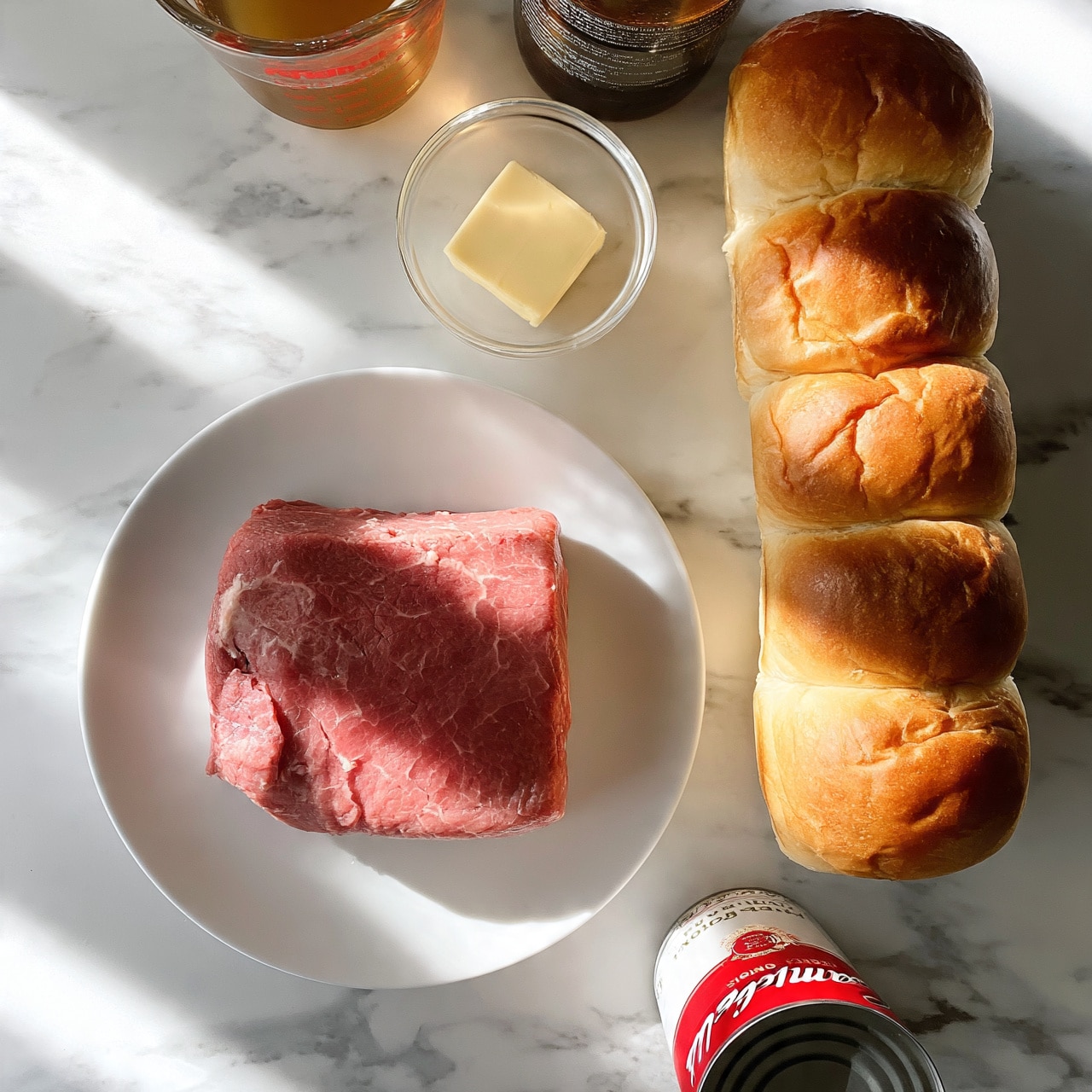 square image The image shows ingredients arranged on a white marbled surface: a white plate holds a thick square piece of raw pink meat with slight marbling and texture. To its right, there are six golden brown bread rolls with soft, slightly cracked tops lined up vertically. Above the bread is a small clear bowl with a cube of pale yellow butter. Near the butter is a glass measuring cup filled with a light brown liquid and a bottle with a dark liquid inside. Below the bottle is a red and white can of Campbell’s French Onion soup. The light is soft and natural, creating gentle shadows. Photo taken with an iphone --ar 4:5 --v 7