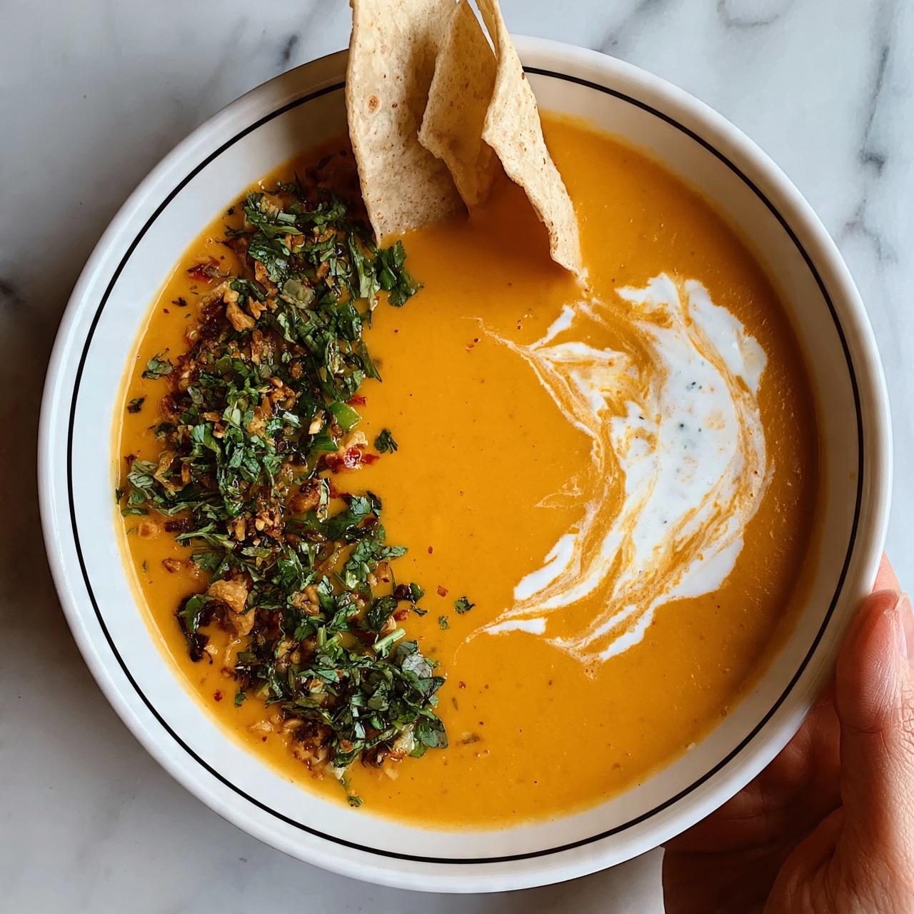 square image A bowl with two layers: the bottom layer is smooth orange soup filling most of the bowl, topped with a swirl of white cream on the right side, a sprinkling of chopped green herbs, small brown nuts or seeds, and small bits of red and green on the left side. Two light beige tortilla chips lean inside the soup near the top center. A woman's hand holds the bowl on the lower right side. The bowl is white with a thin black rim, sitting on a white marbled surface. Photo taken with an iphone --ar 4:5 --v 7