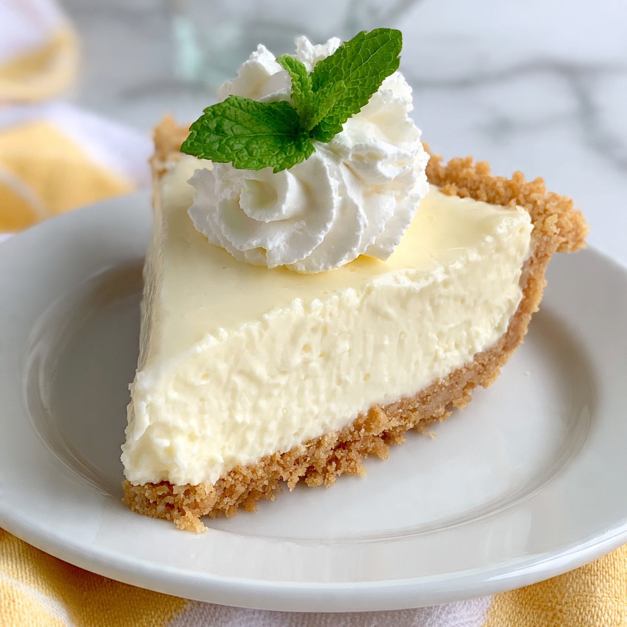 square image A single slice of creamy white pie with a thick, smooth filling sits on a white plate. The pie has a crumbly light brown crust that forms the base and edges, holding the filling neatly. On top of the slice, there is a dollop of fluffy white whipped cream with a bright green mint leaf placed in the center. The plate rests on a soft yellow and white towel, and the background shows a white marbled surface with a glass cup blurred behind. Photo taken with an iphone --ar 4:5 --v 7