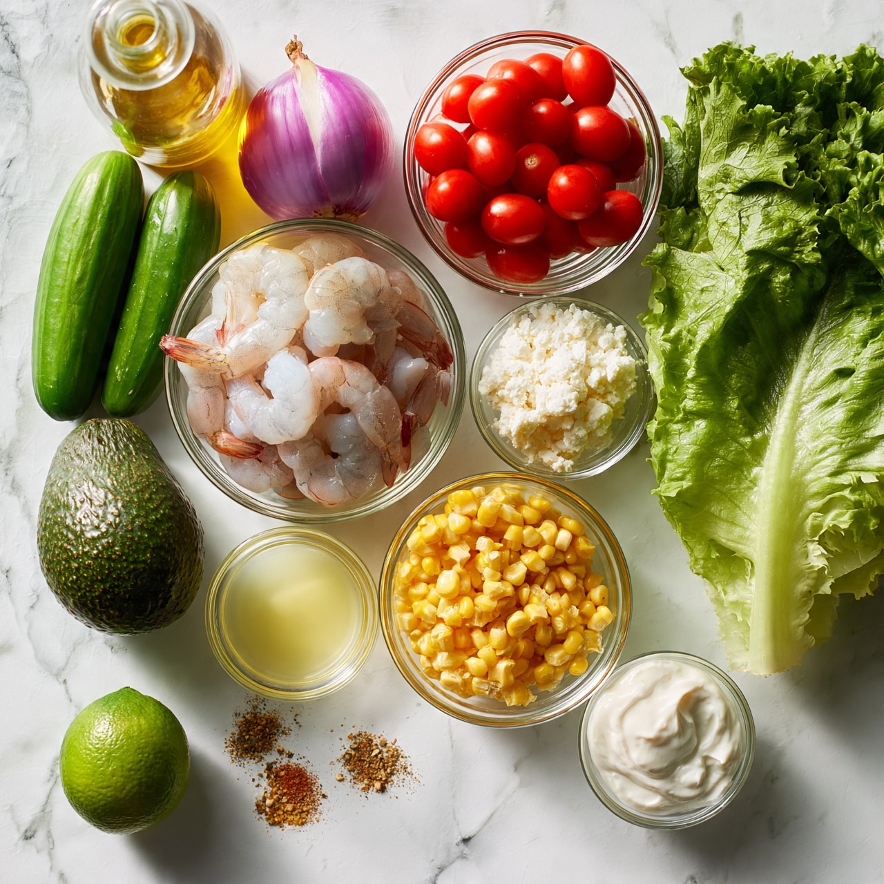 square image A white marbled surface holds multiple clear glass bowls and fresh ingredients arranged neatly. In the center-left is a large bowl with raw shrimp, next to two green cucumbers and a whole avocado on the left. Above the shrimp is a purple onion, and to the right, a medium bowl filled with bright red cherry tomatoes. Below the tomatoes are two small bowls, one with a light yellow liquid and another filled with crumbly white cheese. To the right side, a large fresh green head of lettuce lies flat. Below the cheese bowl is a medium clear bowl full of yellow corn kernels. Below the corn, another small bowl contains white sour cream. Scattered near the bowls are small piles of spices and a whole lime on the bottom left. A glass bottle with a golden liquid, likely oil, stands at the top left. Everything is set on a clean, bright white marbled background. Photo taken with an iphone --ar 4:5 --v 7