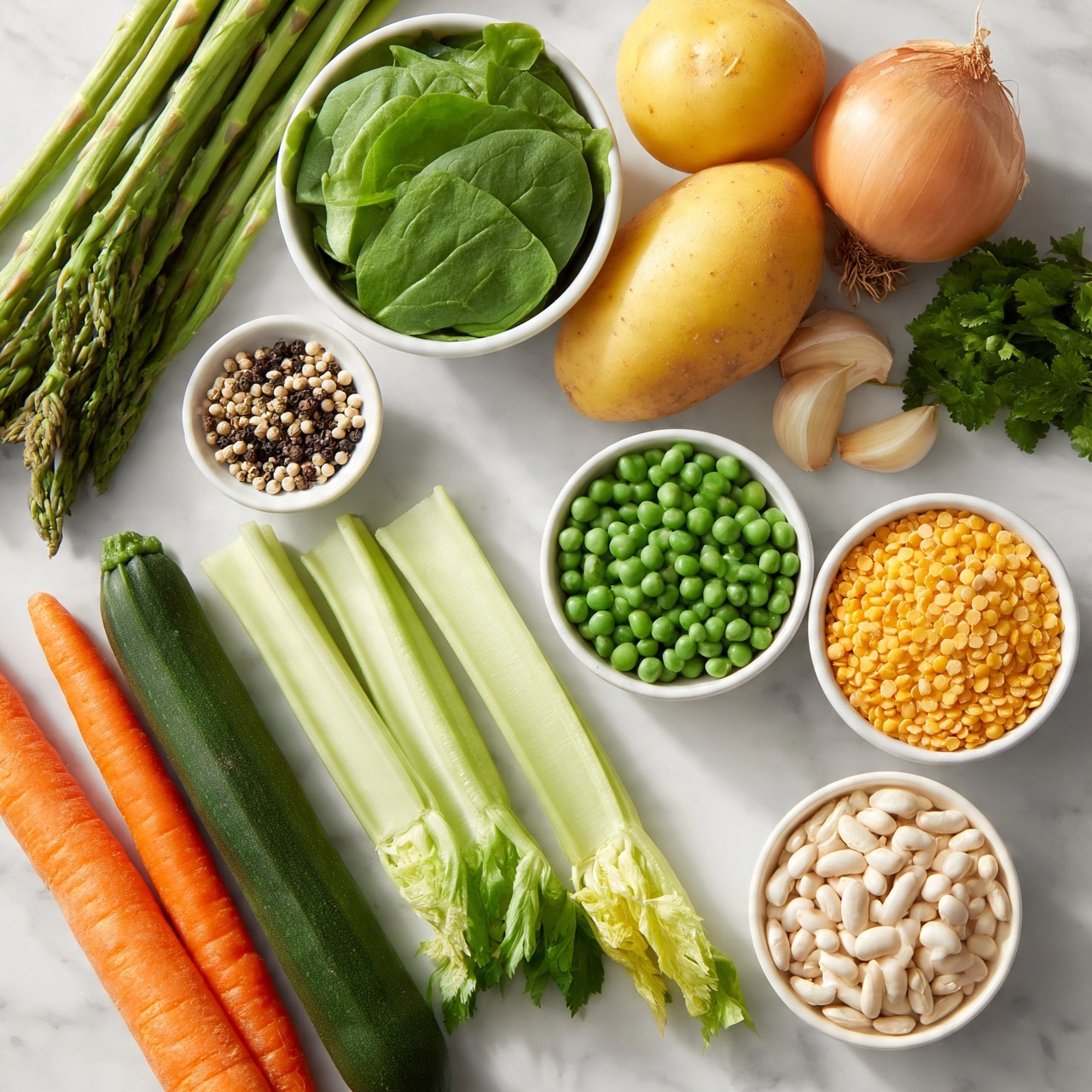square image The image shows various fresh ingredients neatly placed on a white marbled surface. There are two orange carrots and one dark green zucchini lined up at the bottom left corner. Above them, there are three light green celery sticks with leafy ends laid flat. To the right, three small white bowls are filled with green peas, yellow split lentils, and white beans, each with distinct color and texture. Above the bowls are a yellow potato and a round brown onion, along with two peeled garlic cloves and a small bunch of green cilantro. On the top left, a bundle of fresh green asparagus lies next to a white bowl full of bright green spinach leaves, and next to this, a tiny white bowl contains a mix of black and white peppercorns. Photo taken with an iphone --ar 4:5 --v 7