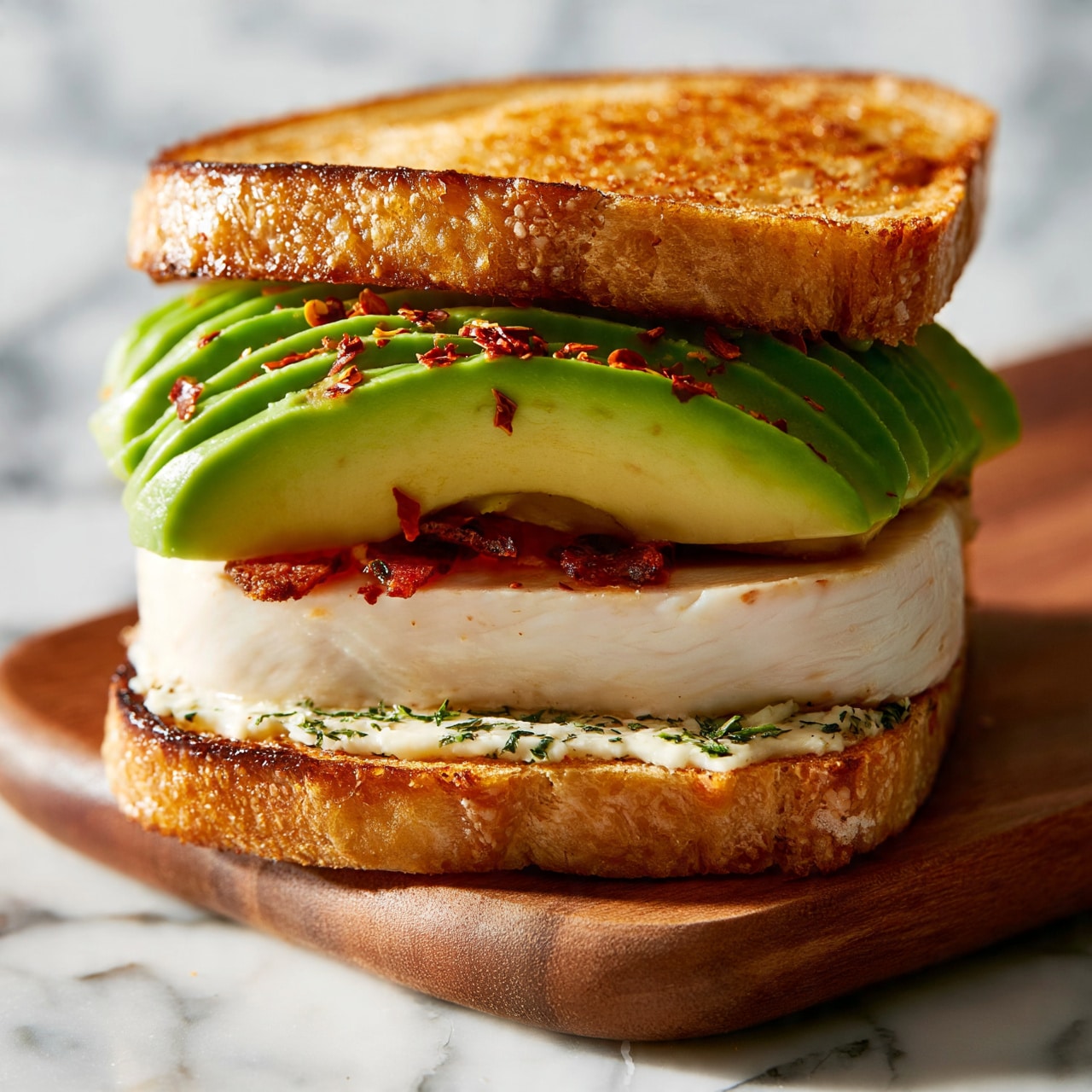 square image The image shows a sandwich with three clear layers on a wooden board against a white marbled background. The bottom layer is toasted bread with a creamy white spread and some green herbs on top. Above this is a thick slice of pale white meat with a few crispy reddish-brown pieces underneath it. The top layer is a fan of bright green slices of avocado, sprinkled with small red chili flakes, all held together by a toasted bread slice on top. The sandwich is photographed in close-up with soft lighting, highlighting the textures and colors, photo taken with an iphone --ar 4:5 --v 7