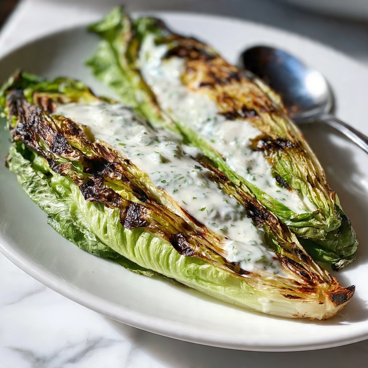 square image A white plate holds charred grilled romaine lettuce halves placed side by side with their thick green leaves showing dark brown grill marks and lighter green inner layers. The lettuce is topped with a creamy white sauce speckled with small green herbs, creating a fresh contrast against the charred surface. A shiny metal spoon rests on the right edge of the plate, all set on a white marbled surface. photo taken with an iphone --ar 4:5 --v 7
