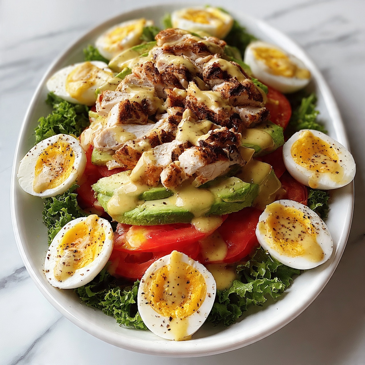 square image A white oval plate on a white marbled surface holds a fresh salad with several layers, starting with green frilly lettuce bases around the edges. On top, there are slices of red tomato and avocado, fresh green in color. Grilled chicken pieces with golden brown and white shades sit in the middle, topped with a light mustard-colored dressing drizzled generously. Halved soft-boiled eggs with bright yellow yolks and white edges are arranged around the salad, also drizzled with the dressing and sprinkled with black pepper. The whole dish looks fresh, colorful, and well dressed. Photo taken with an iphone --ar 4:5 --v 7