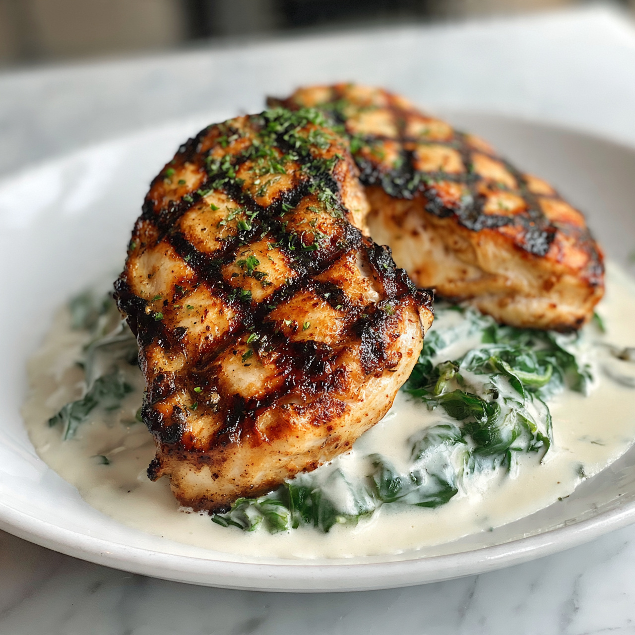 square image The image shows a close-up of two pieces of cooked chicken on a white plate with a creamy sauce. The chicken is golden brown with some darker grill marks on top. Under the chicken, there is a green leafy vegetable mix with a creamy white sauce showing through. Some small green herbs are sprinkled over the chicken and sauce. The plate sits on a white marbled surface. Photo taken with an iphone --ar 4:5 --v 7