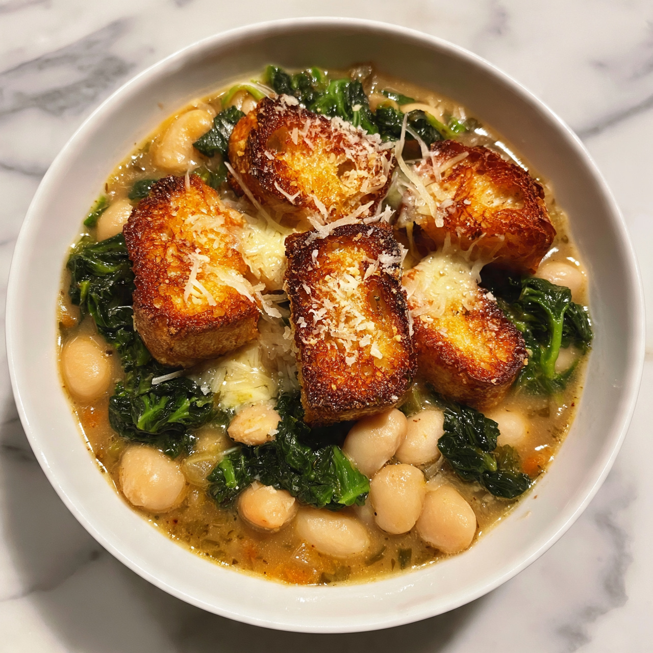 square image A white bowl filled with a thick soup showing multiple layers: at the bottom, a light brown broth with small vegetable bits; above this, large white beans scattered throughout; dark green wilted leafy vegetables spread around; several golden brown toasted bread pieces placed on top, some sprinkled with shredded cheese that melts slightly into the soup; the textures range from soft and creamy in the beans and broth to crisp and crunchy in the bread. The bowl sits on a white marbled surface. Photo taken with an iphone --ar 4:5 --v 7