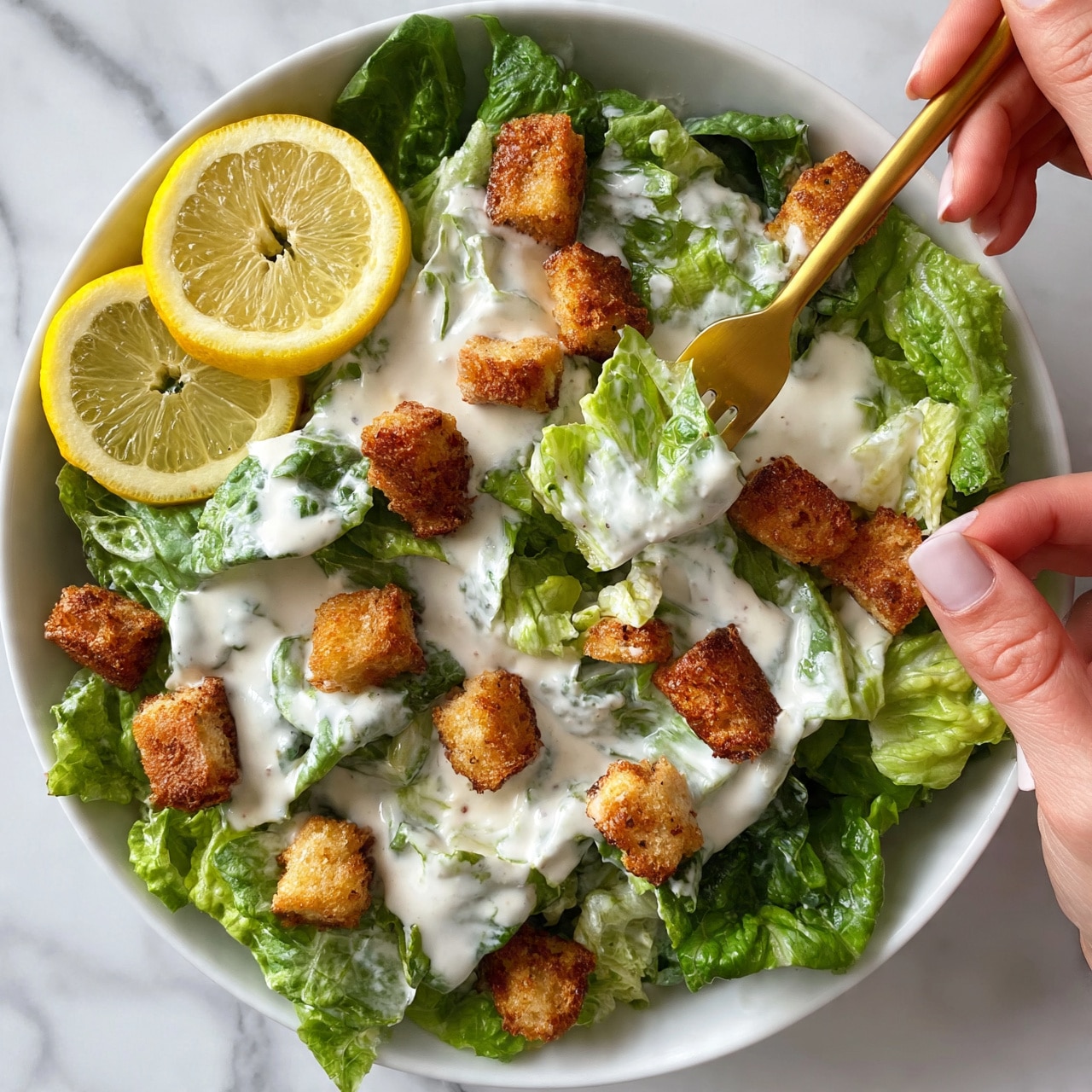 square image The image shows a fresh salad in a white bowl on a white marbled surface. The salad has three main layers: the bottom layer is green romaine lettuce leaves with a crisp texture, the middle layer includes golden-brown crunchy croutons scattered across the greens, and the top layer is creamy white dressing drizzled unevenly over the salad. On the left side of the bowl, there are two bright yellow lemon slices adding color contrast. A woman's hand is holding a golden fork picking up some lettuce and dressing. The photo is taken with an iphone --ar 4:5 --v 7square image