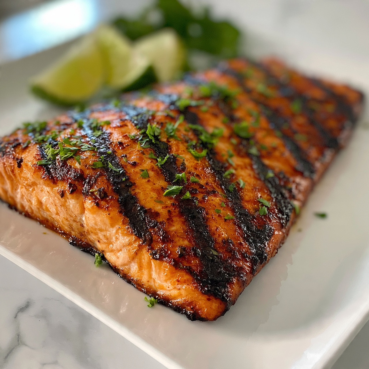 square image A large piece of grilled salmon with dark grill marks on the top layer, its orange-pink flesh visible under the charred lines. The fish is sprinkled with small green chopped herbs evenly spread across the top. Behind the salmon on the white plate, there are three lime wedges arranged close together, with some green herbs in the background. The plate sits on a white marbled surface with soft natural light on the scene. photo taken with an iphone --ar 4:5 --v 7