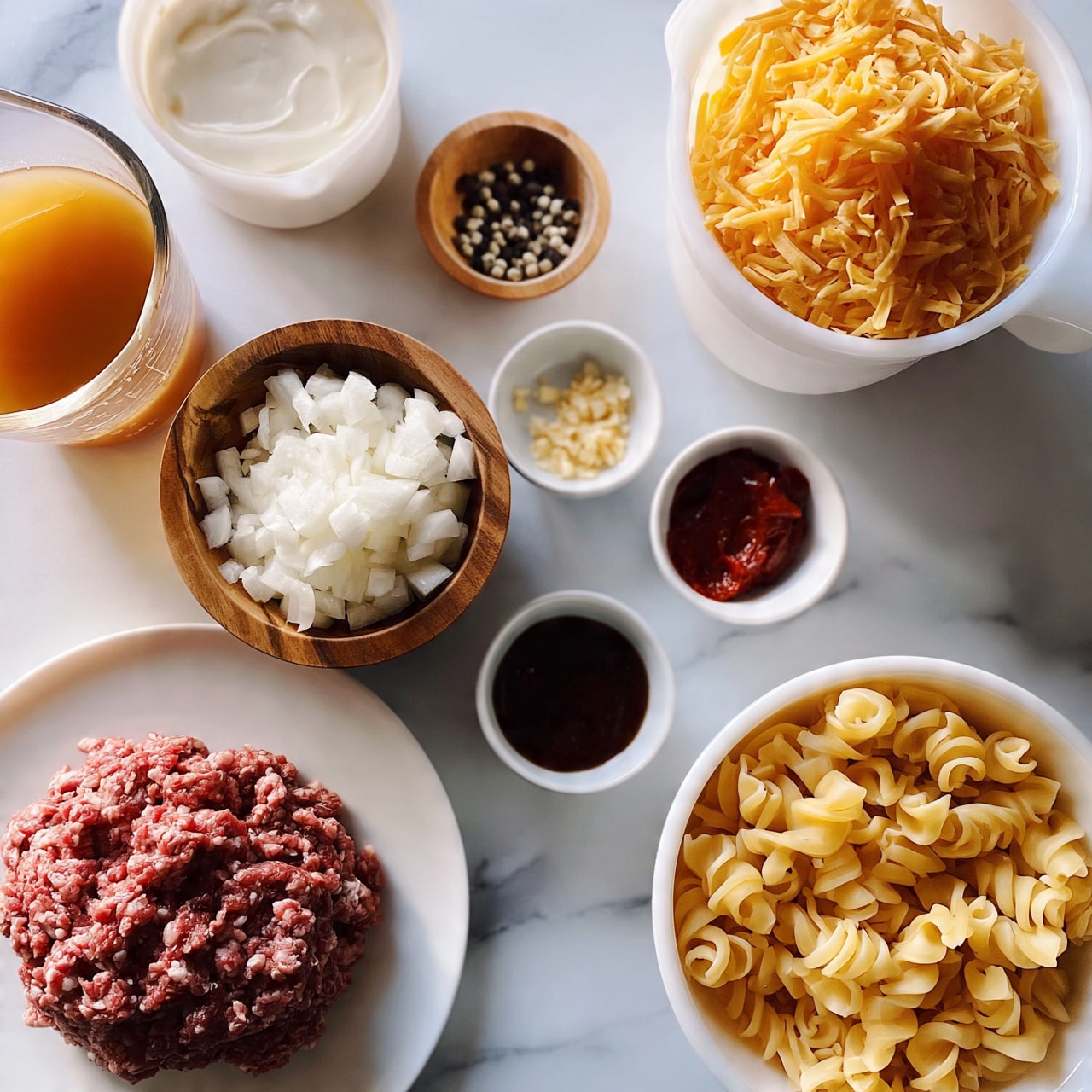 square image The image shows a white bowl filled with uncooked twisted pasta shells at the bottom right, next to a white plate holding raw ground meat to the bottom left. Above these, there is a wooden bowl filled with chopped white onion, and beside it, small white bowls with minced garlic, dark brown sauce, and red tomato paste. A larger white measuring cup holds shredded orange cheese at the top right, while a transparent measuring cup filled with orange broth and a white measuring cup with cream sit on the left. A small wooden bowl with mixed black and white peppercorns is near the top center. All items are placed on a white marbled surface. Photo taken with an iphone --ar 4:5 --v 7
